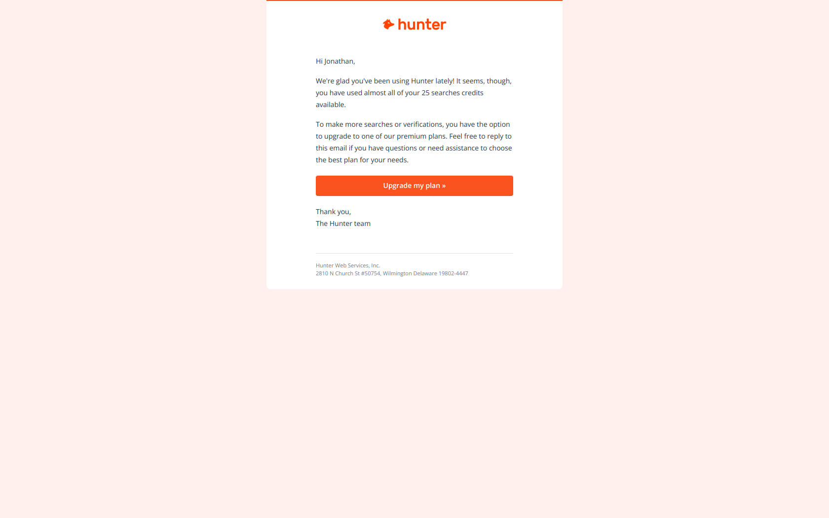 You are about to reach your Hunter quota — email screenshot from Hunter.io