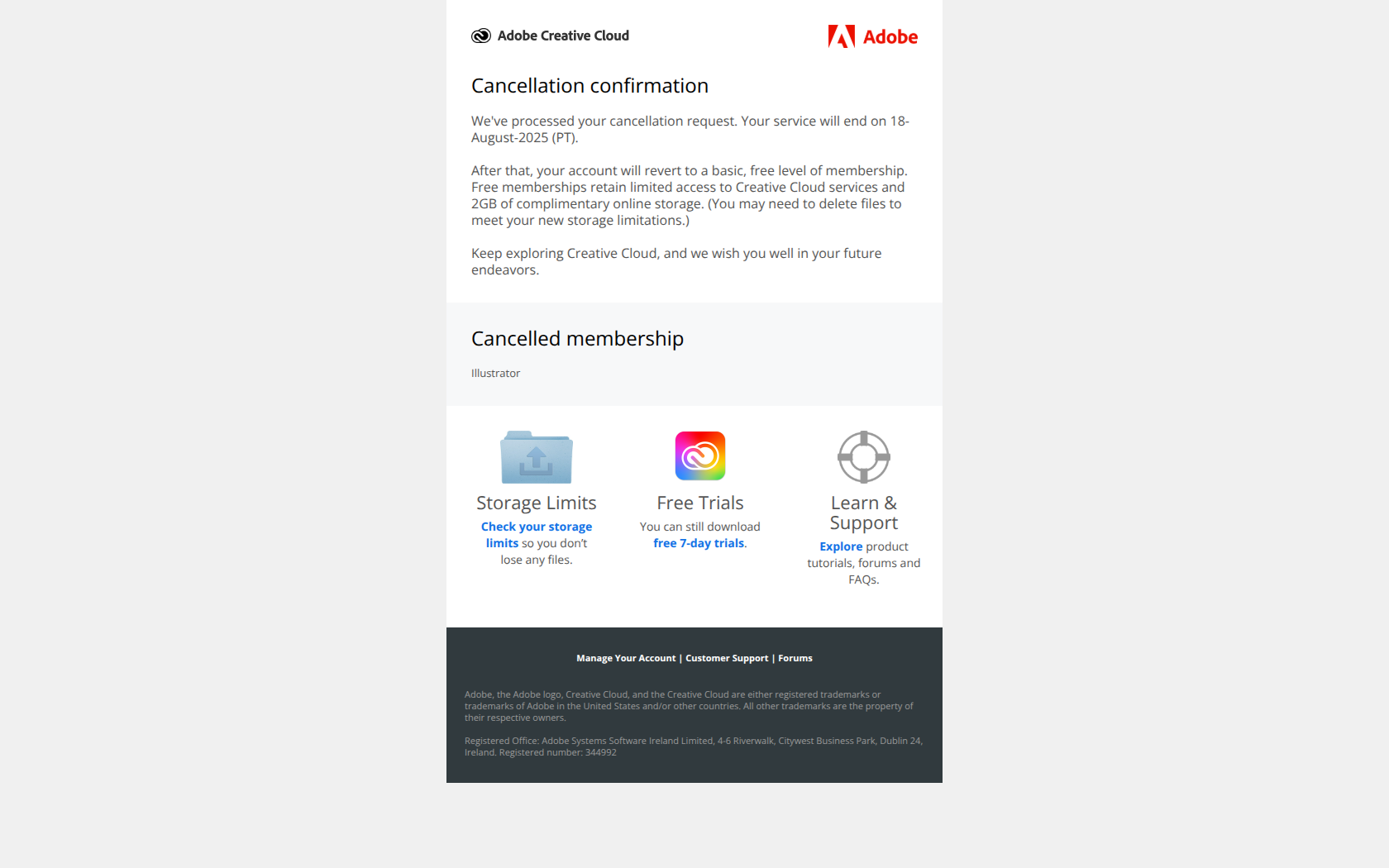 Your service will end on 18-August-2025 (PT) — email screenshot from Adobe
