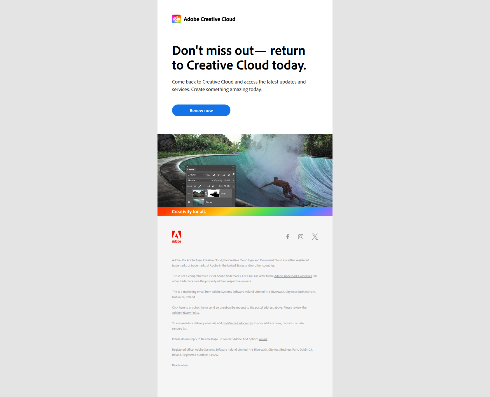 Customer retention email example from Adobe