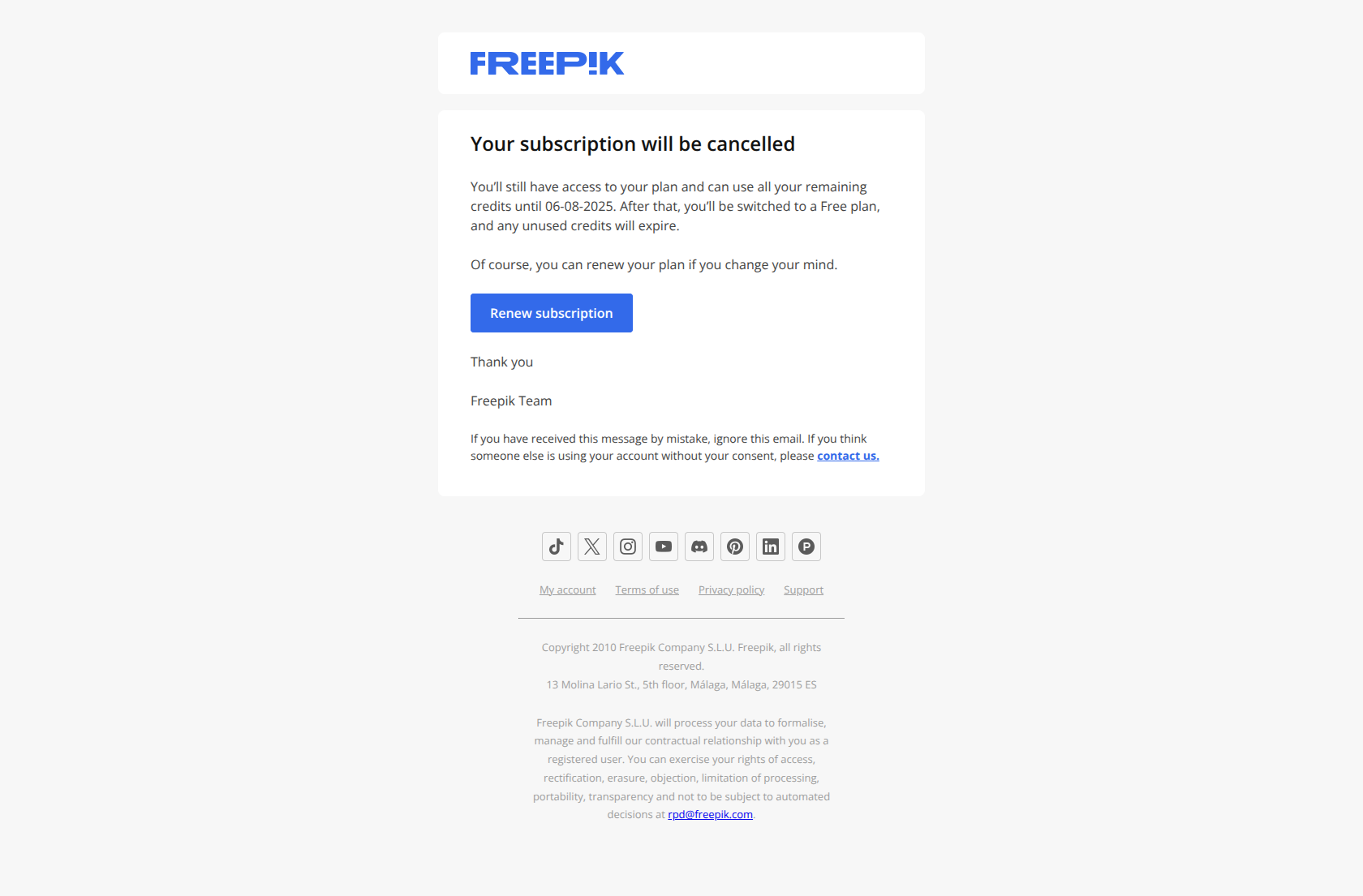Your subscription will be canceled — email screenshot from Freepik