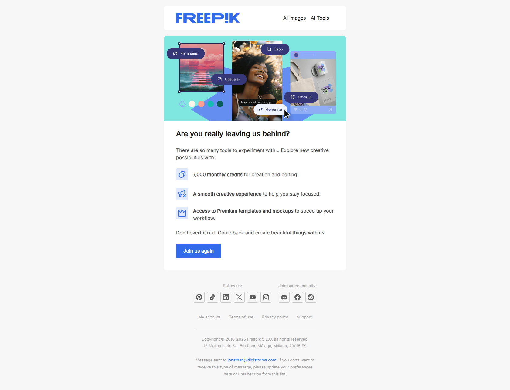 Sure you want to leave us? — email screenshot from Freepik