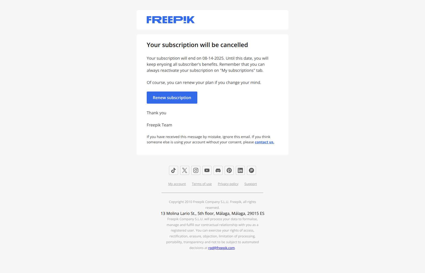 Your subscription renewal has been canceled — email screenshot from Freepik