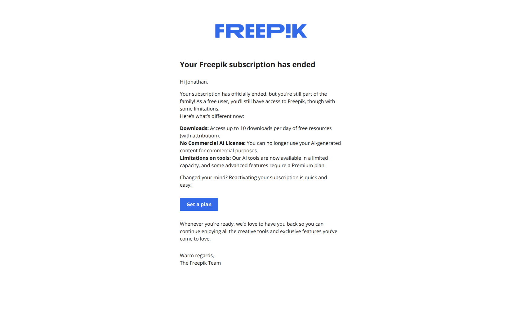 Customer retention email example from Freepik