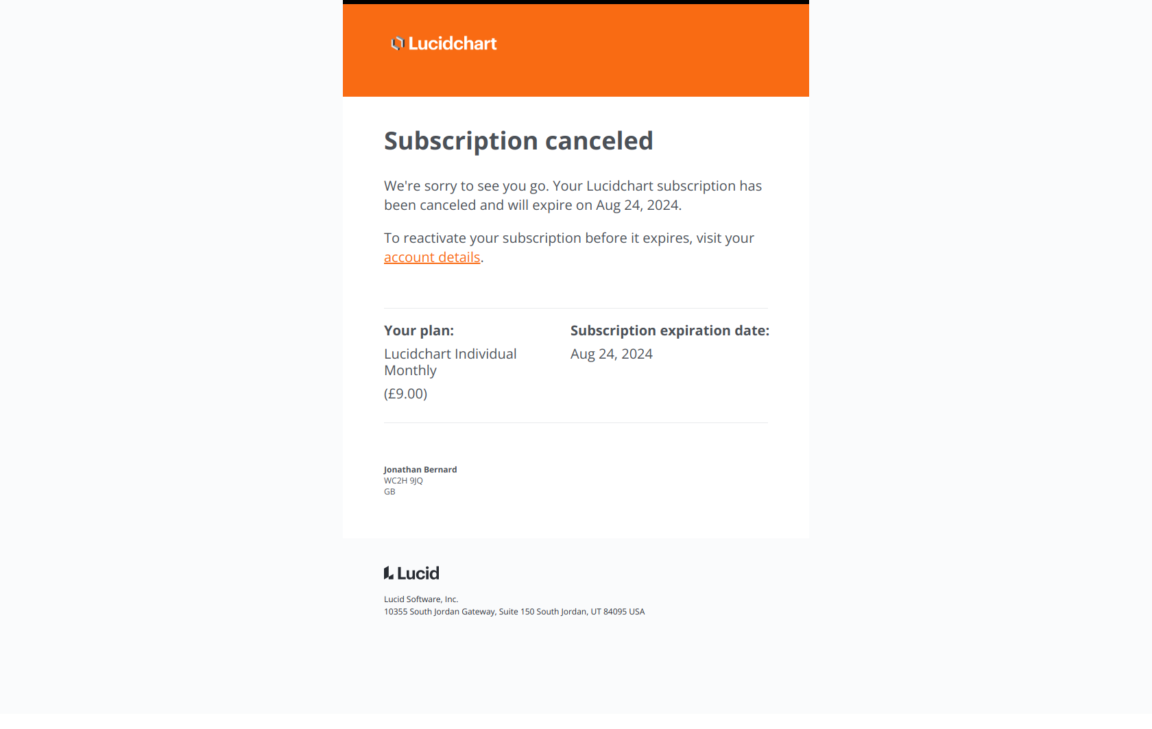✅ You have successfully canceled your subscription — email screenshot from Lucid