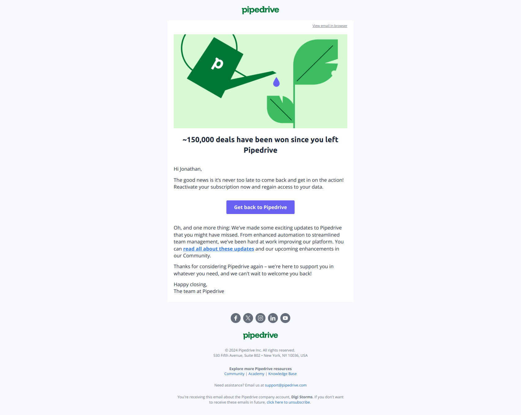 Re-engagement email example from Pipedrive