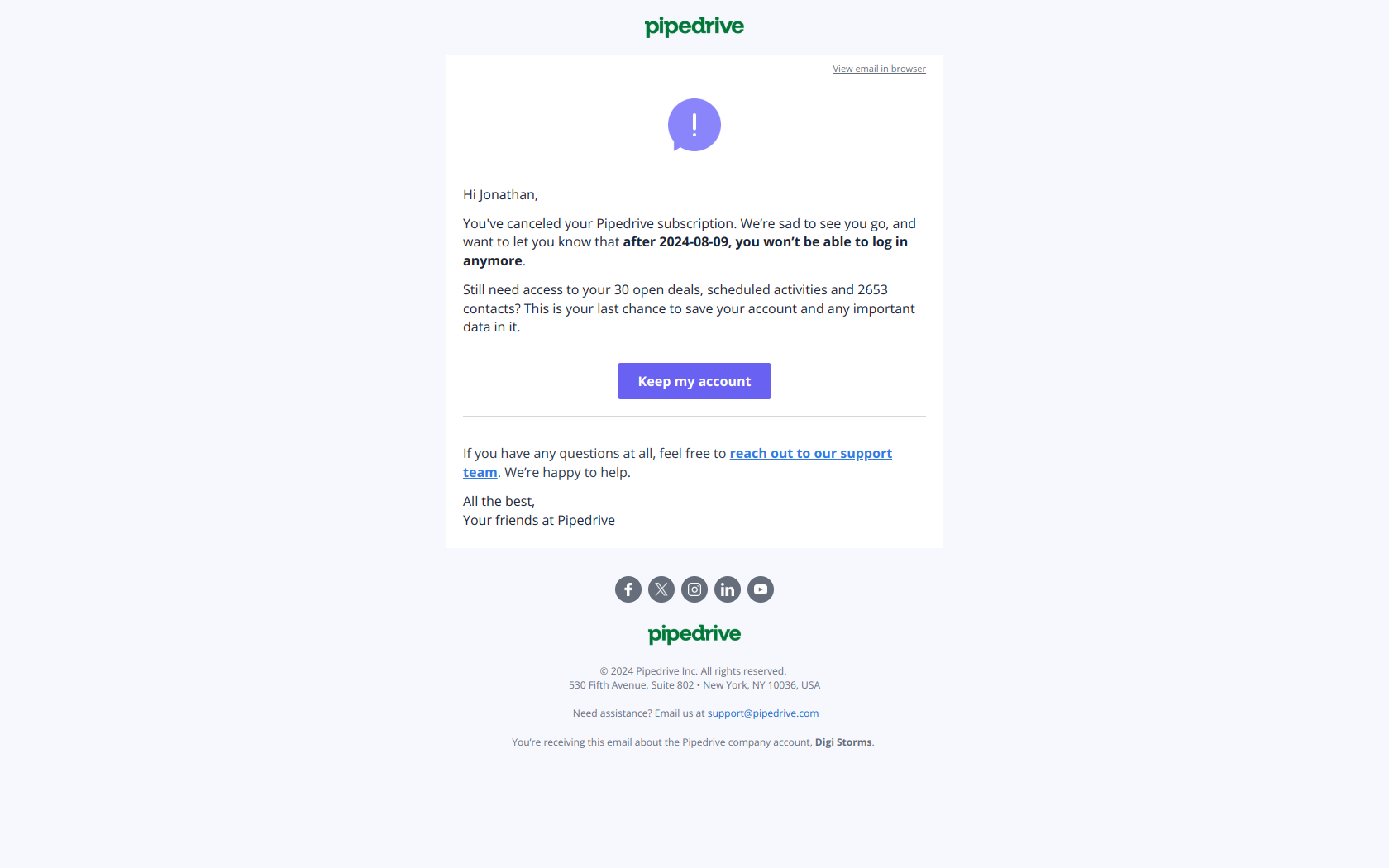 Last chance to save your Pipedrive data — email screenshot from Pipedrive