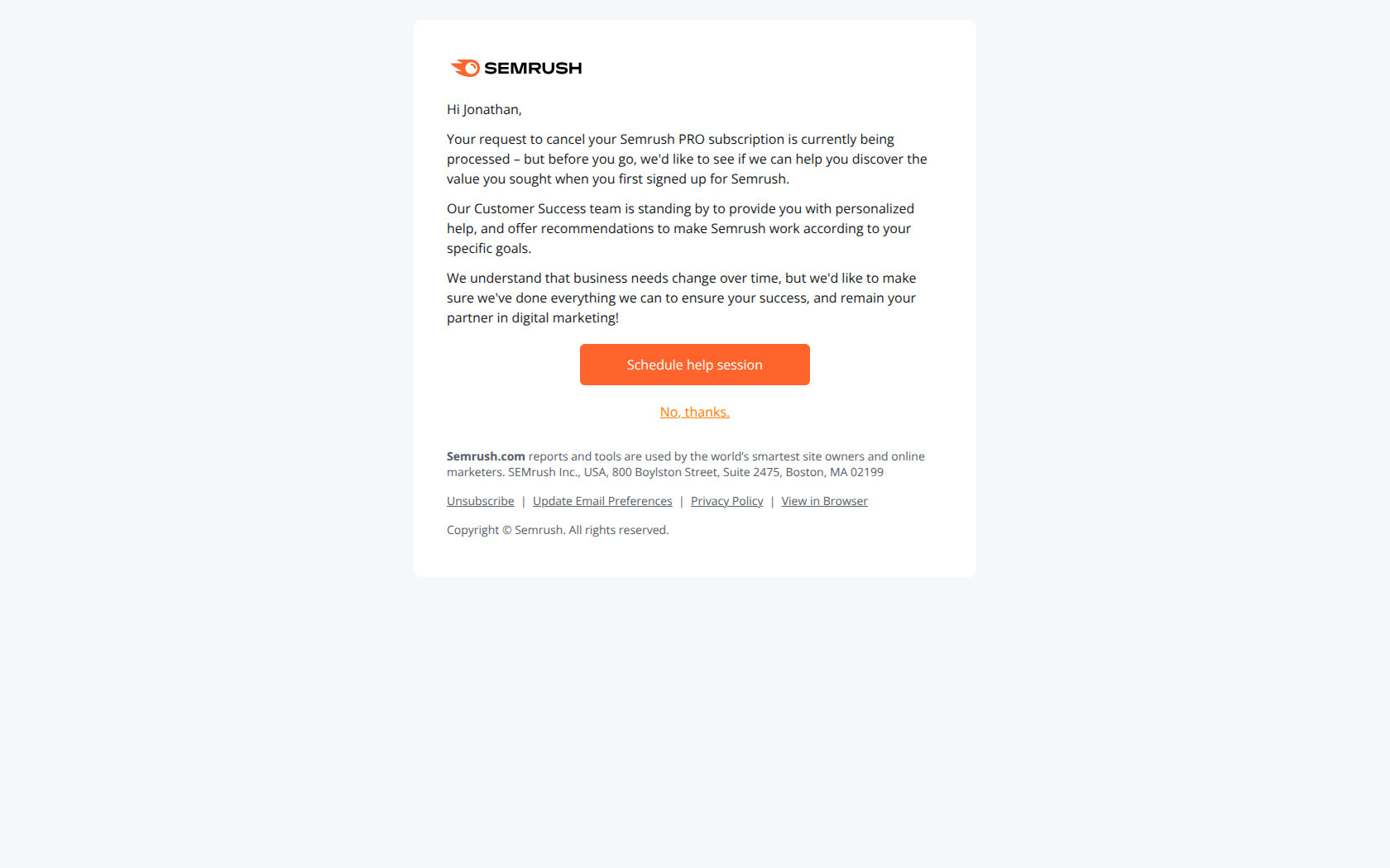 Re-engagement email example from Semrush