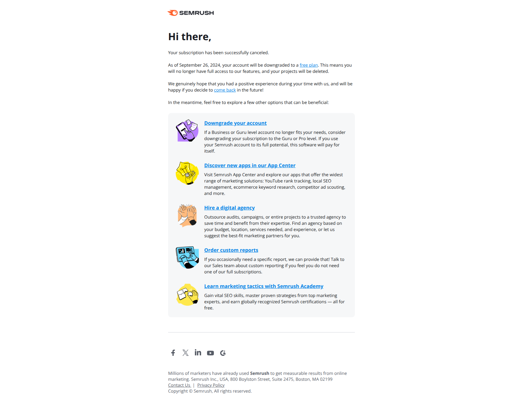 Customer retention email example from Semrush cancellation