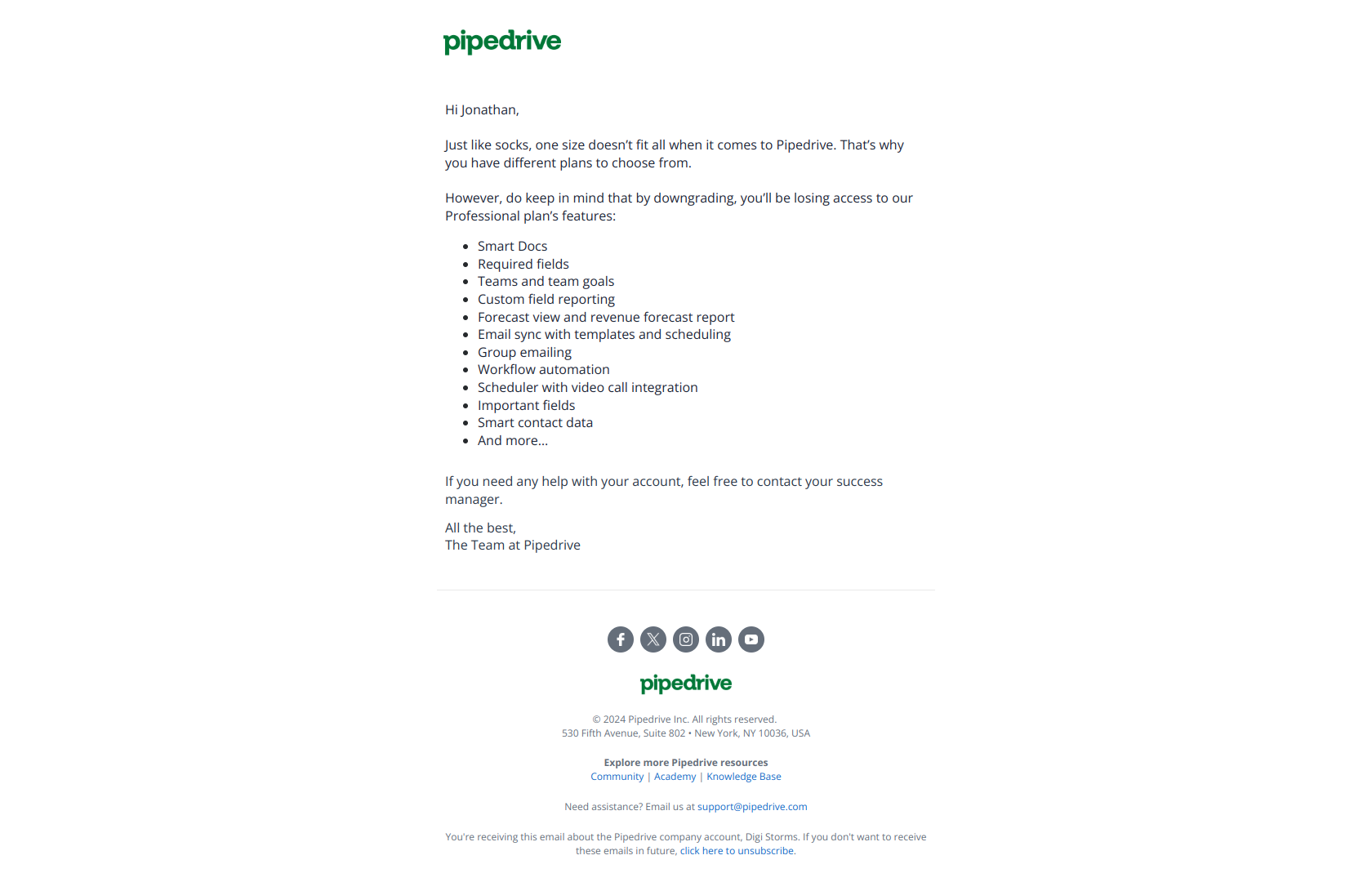 Which plan is right for you? — email screenshot from Pipedrive