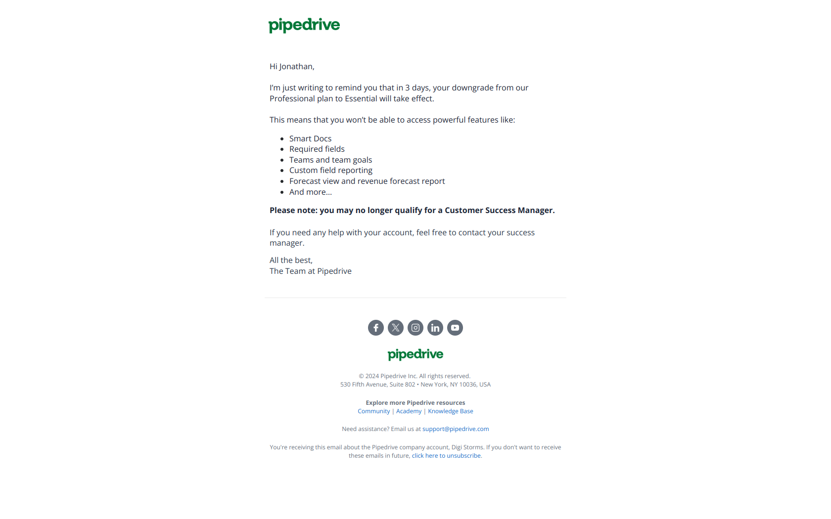 You only have 3 days left on Professional — email screenshot from Pipedrive