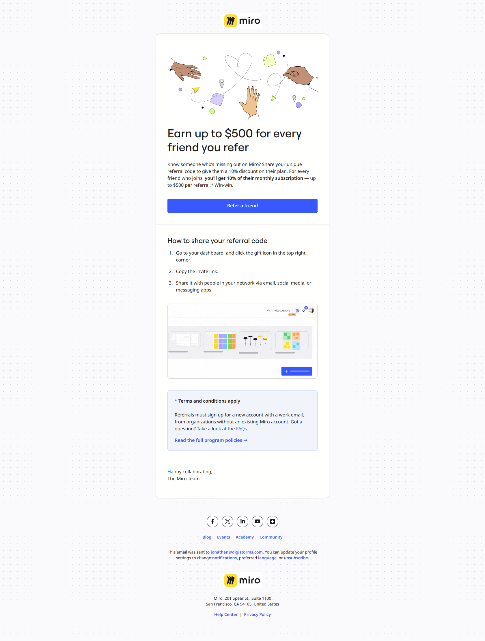 Invite to Miro and get up to $500 — email screenshot from Miro