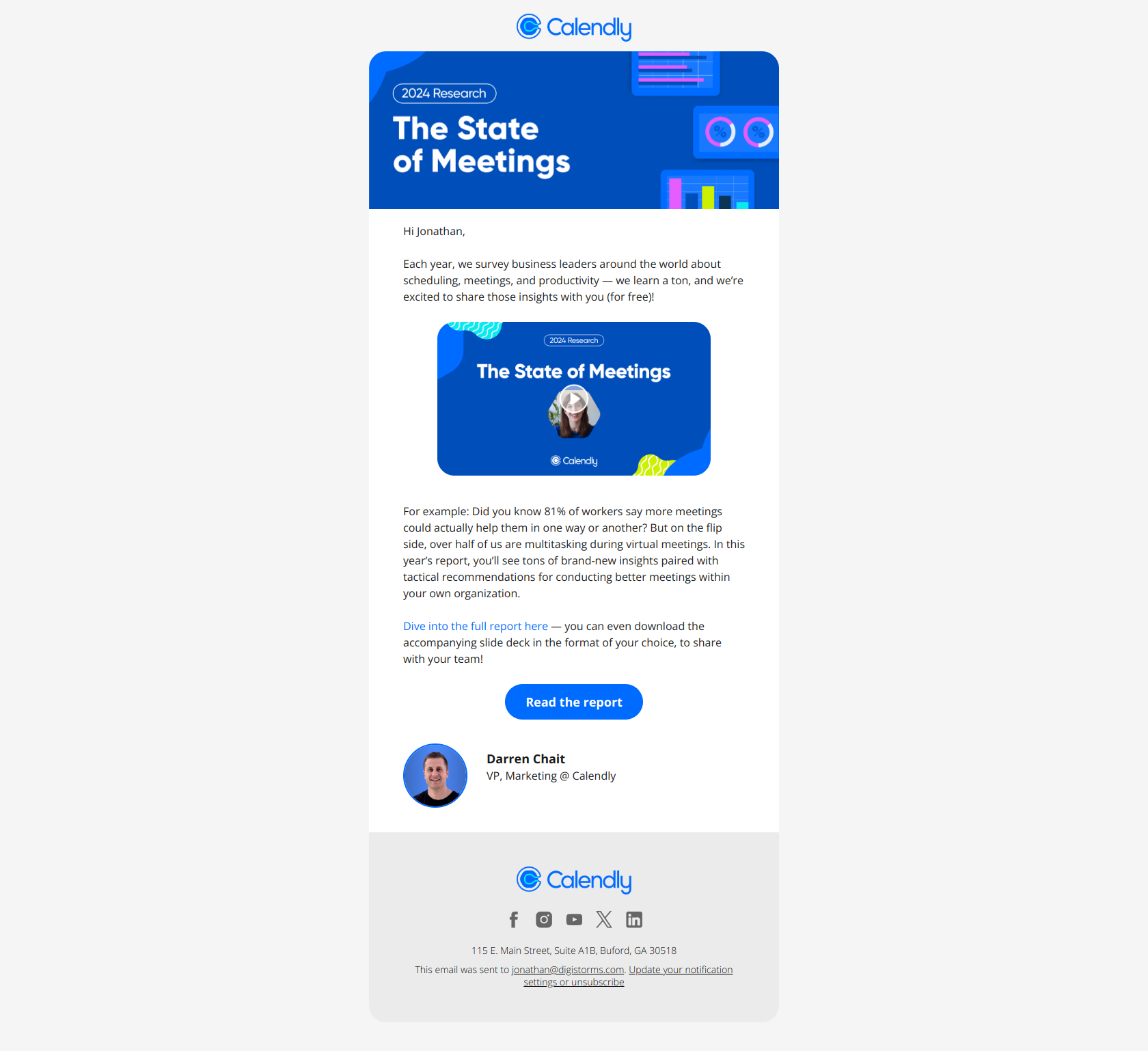 B2B lead nurturing email example from Calendly report