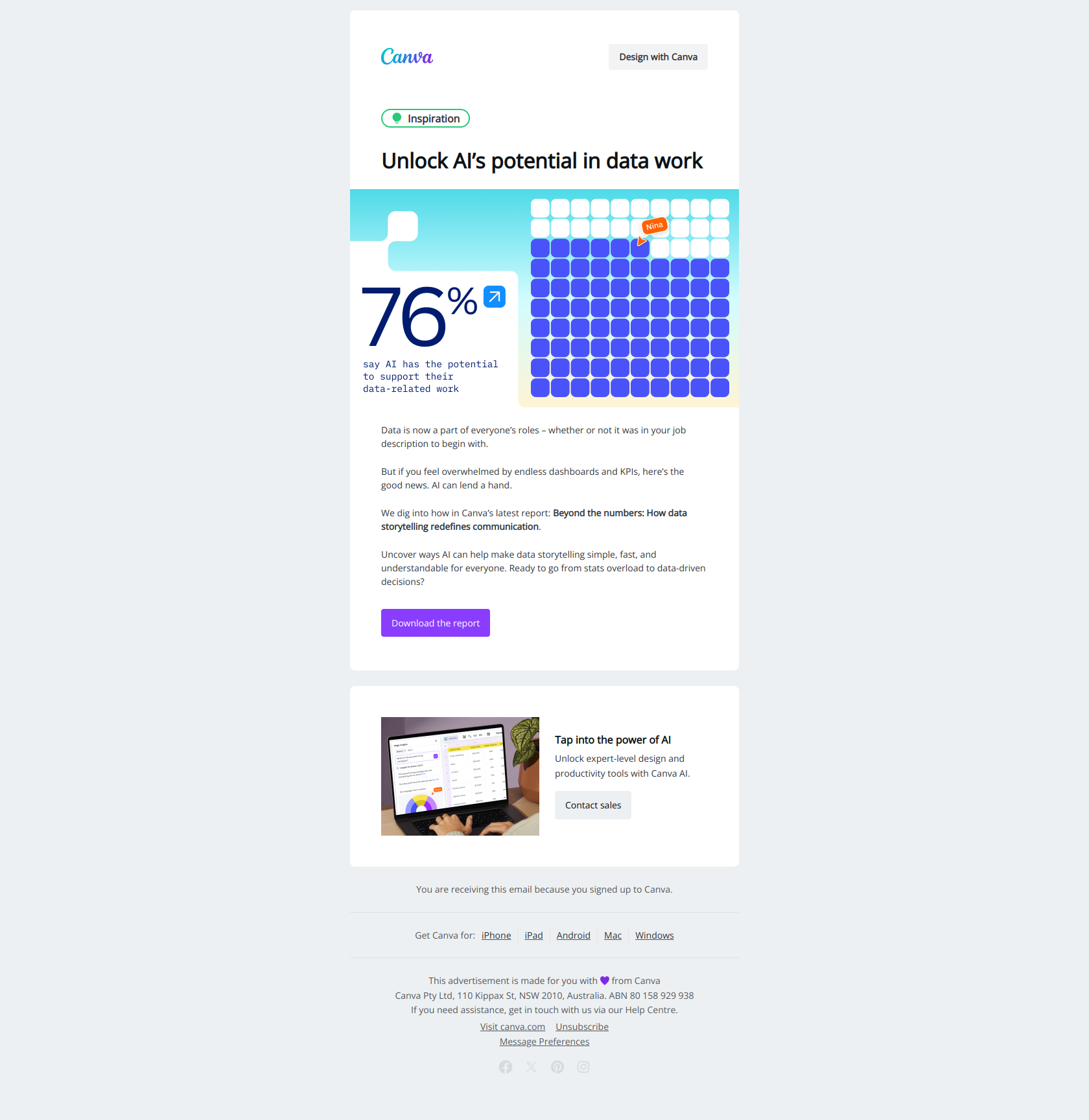 Data anxiety is real—here’s how AI can help. — email screenshot from Canva
