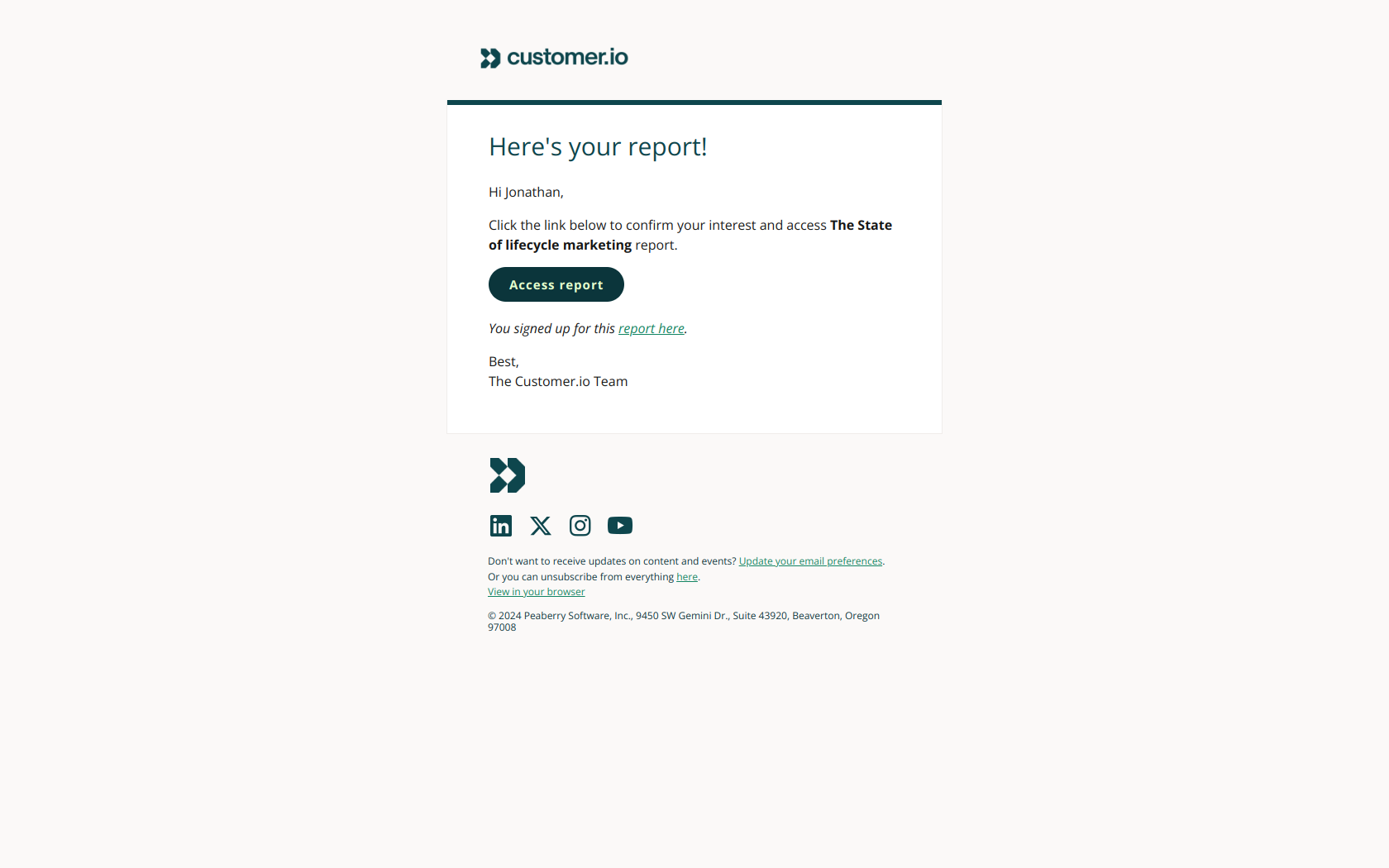 Access: The State of Lifecycle Marketing 2024 — email screenshot from Customer.io