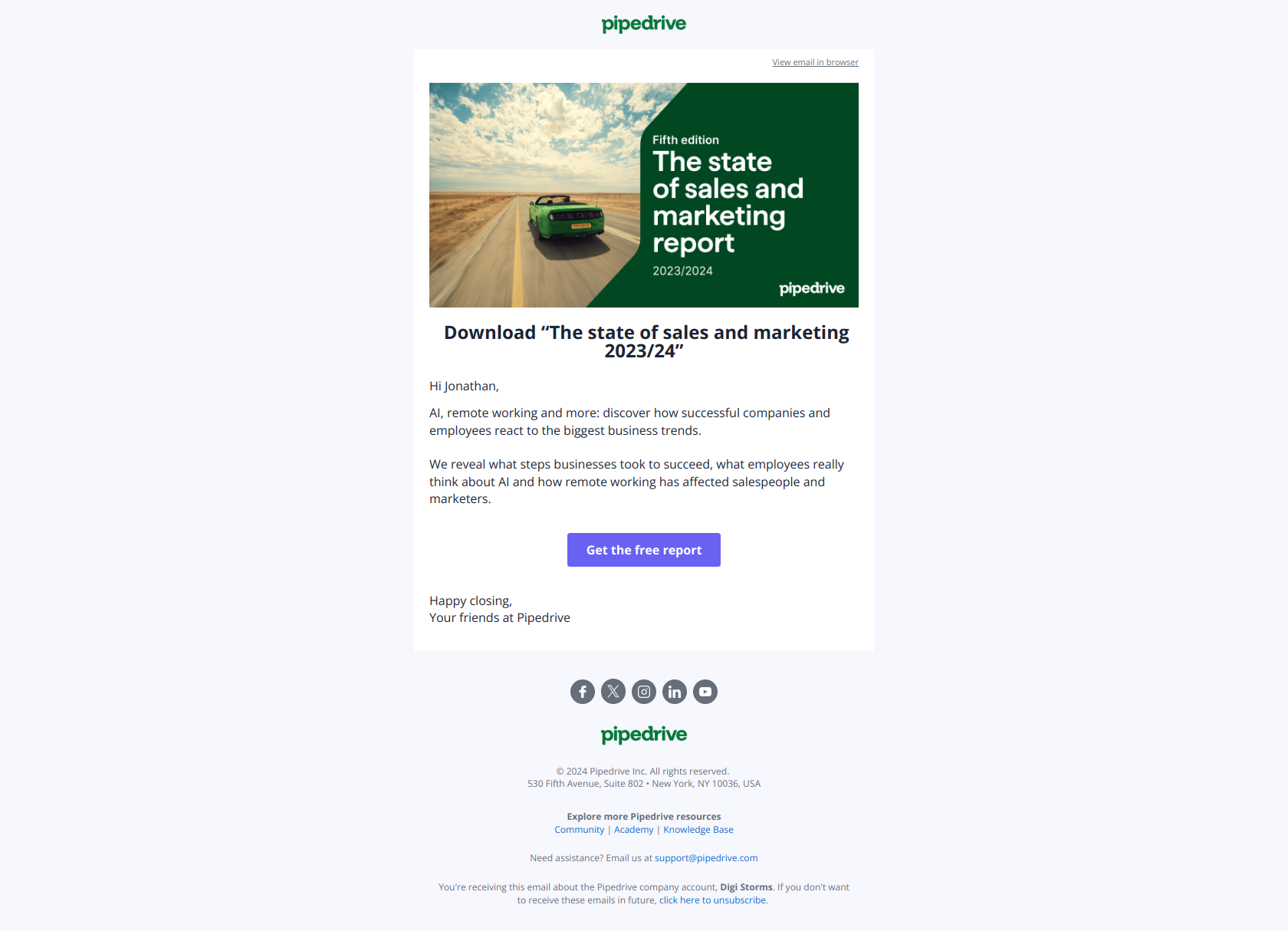 Download “The state of sales and marketing 2023/24” — email screenshot from Pipedrive