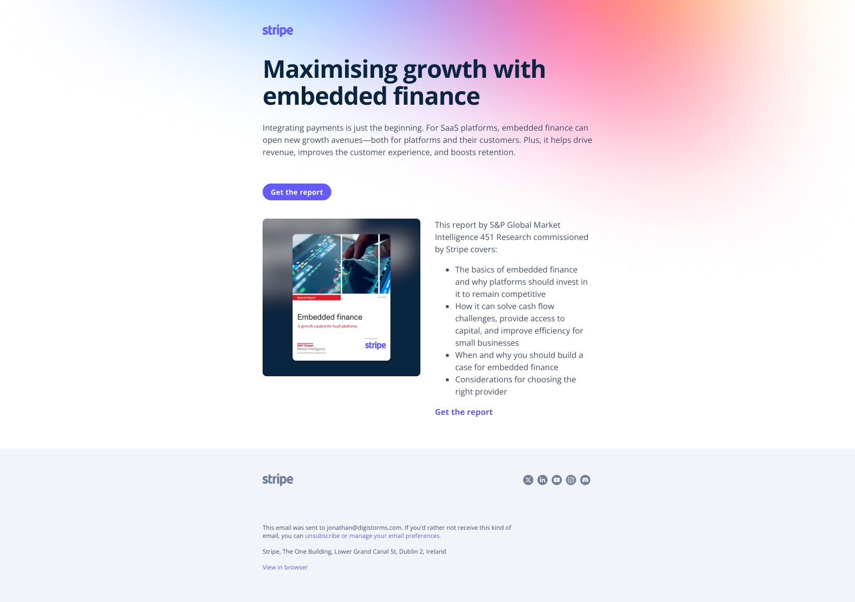 [New report] Win and retain more customers with embedded finance — email screenshot from Stripe