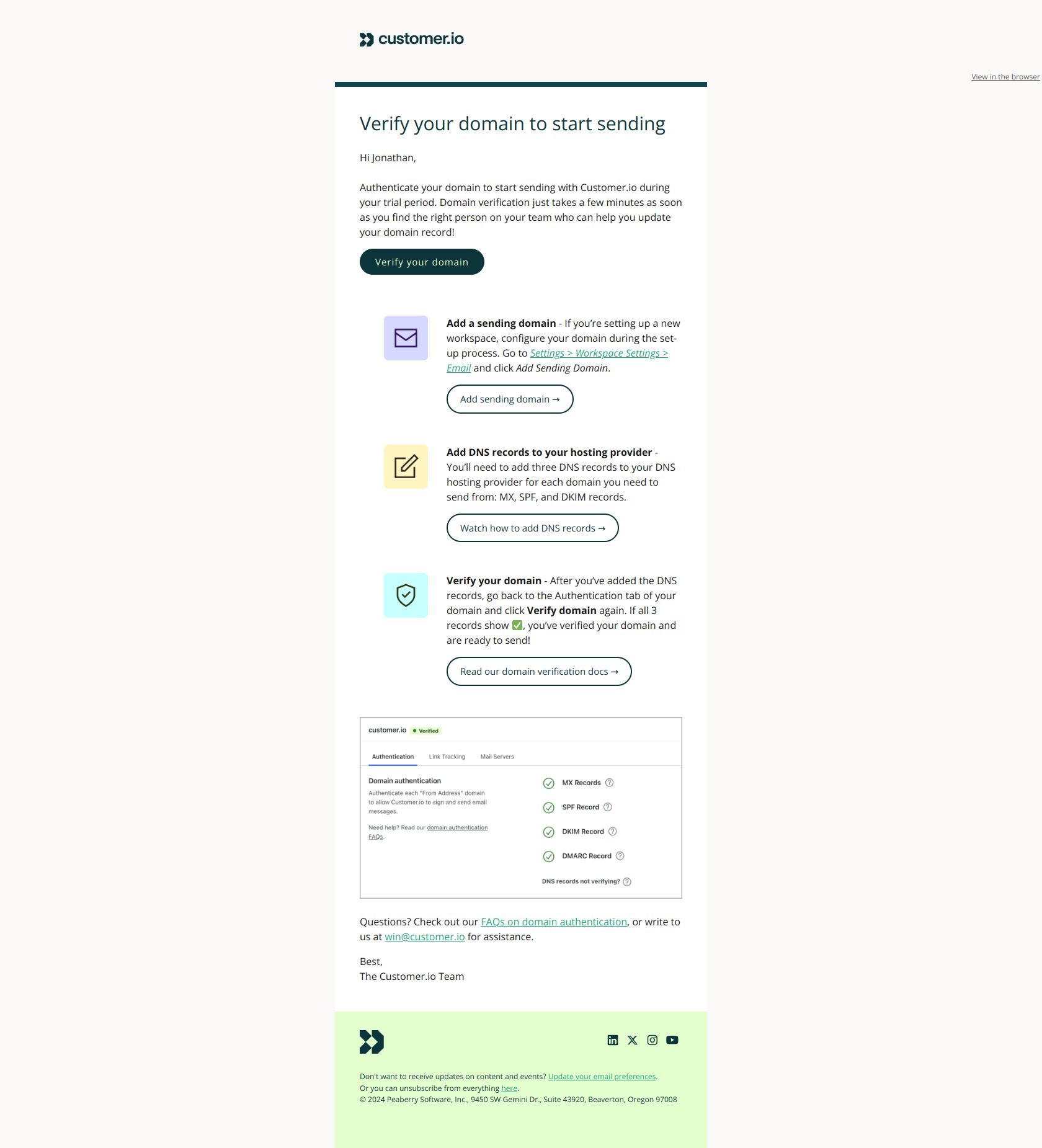 Verify your domain to start sending emails — email screenshot from Customer.io