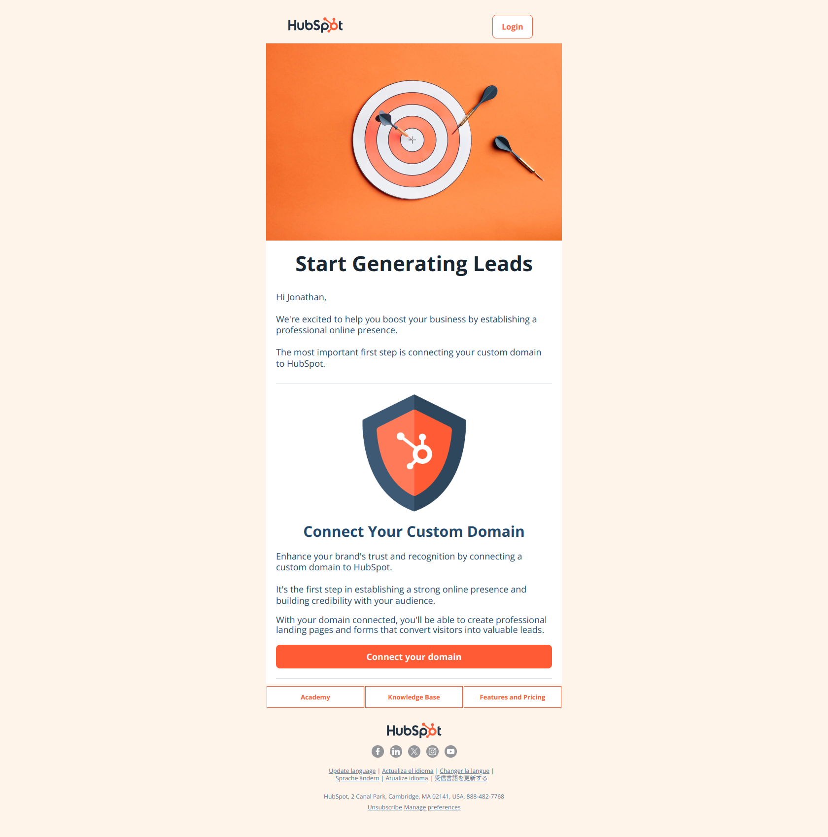 (Step 1) Start generating more leads with your forms and landing pages — email screenshot from Hubspot