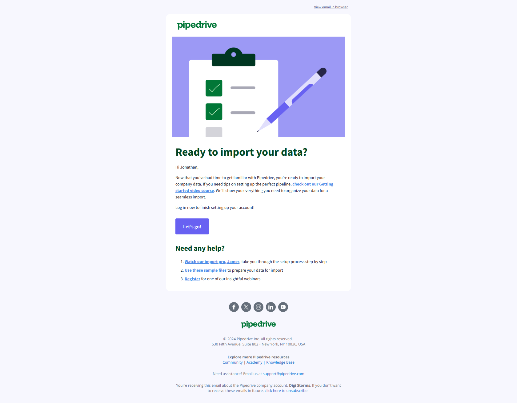 Important: Your setup is not complete — email screenshot from Pipedrive