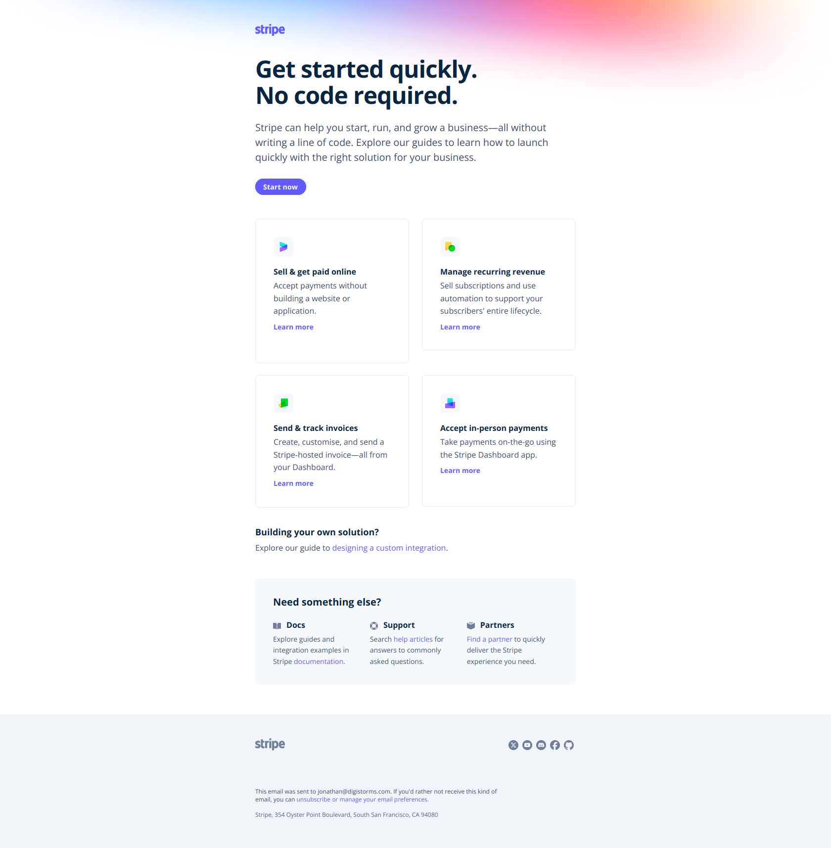 Quickstart guides to get you up and running — email screenshot from Stripe