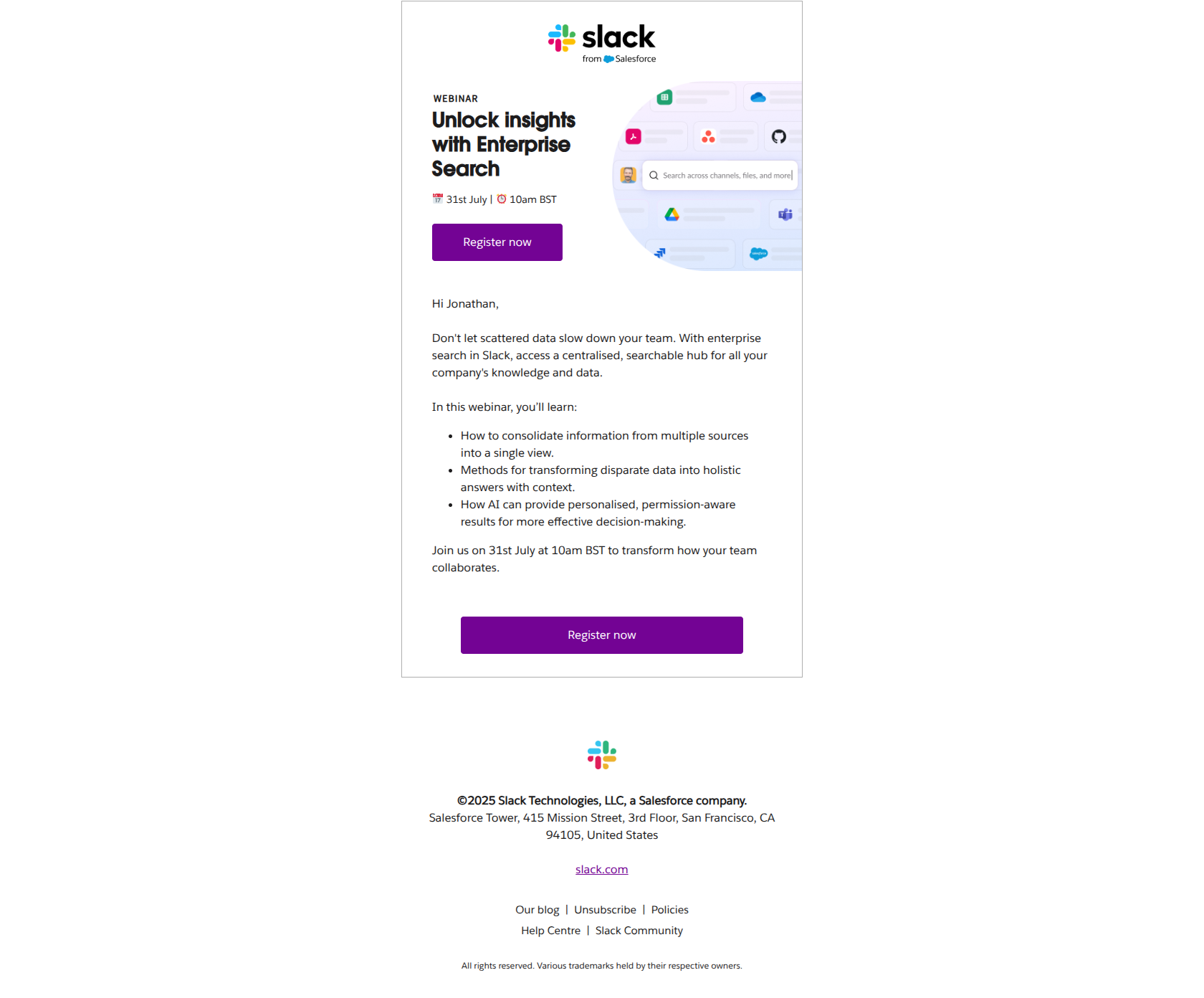 Webinar invite: Discover the power of enterprise search in Slack — email screenshot from Slack