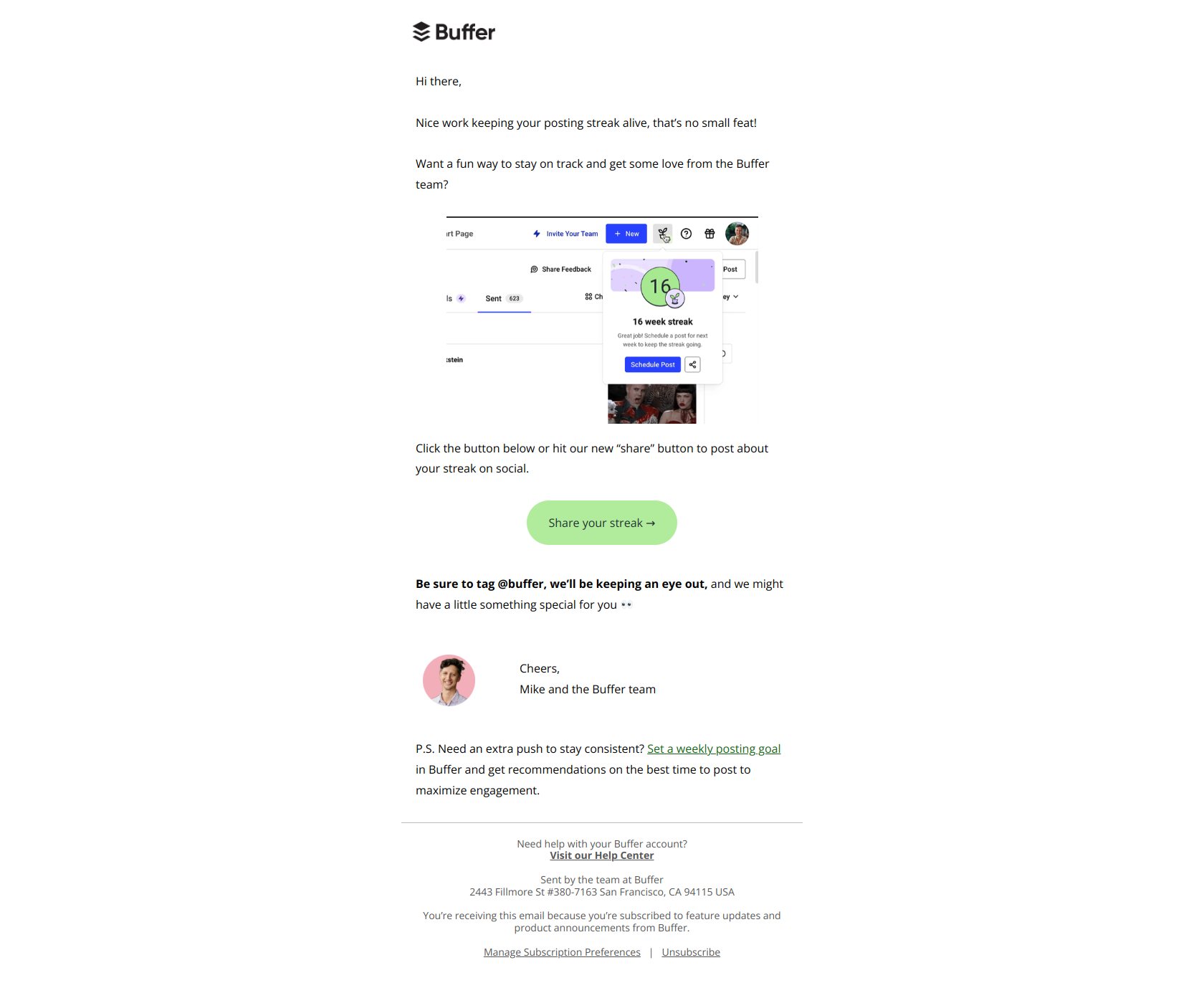 Celebrate your 17 week streak on social 🎉 — email screenshot from Buffer