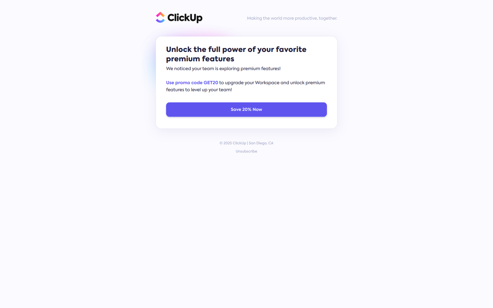 Come back and enjoy 20% off! — email screenshot from Clickup