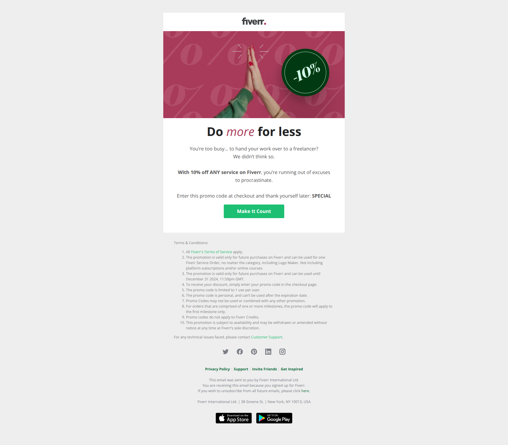 Your discount is still waiting for you ⏱ — email screenshot from Fiverr