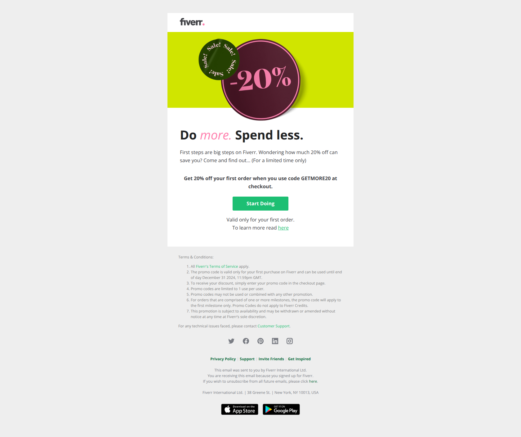 Make your first order count with a special discount — email screenshot from Fiverr