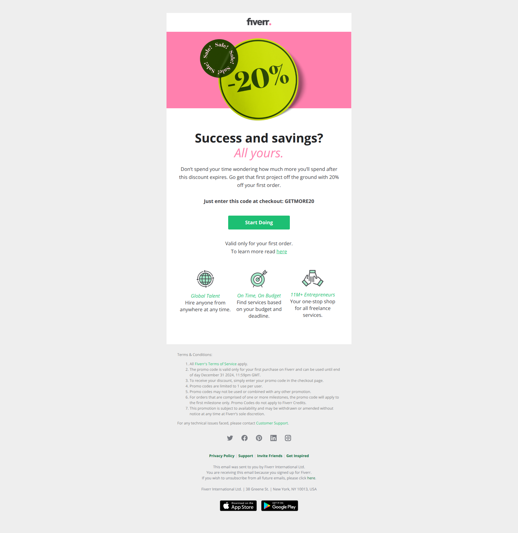 Your discount is still waiting for you — email screenshot from Fiverr