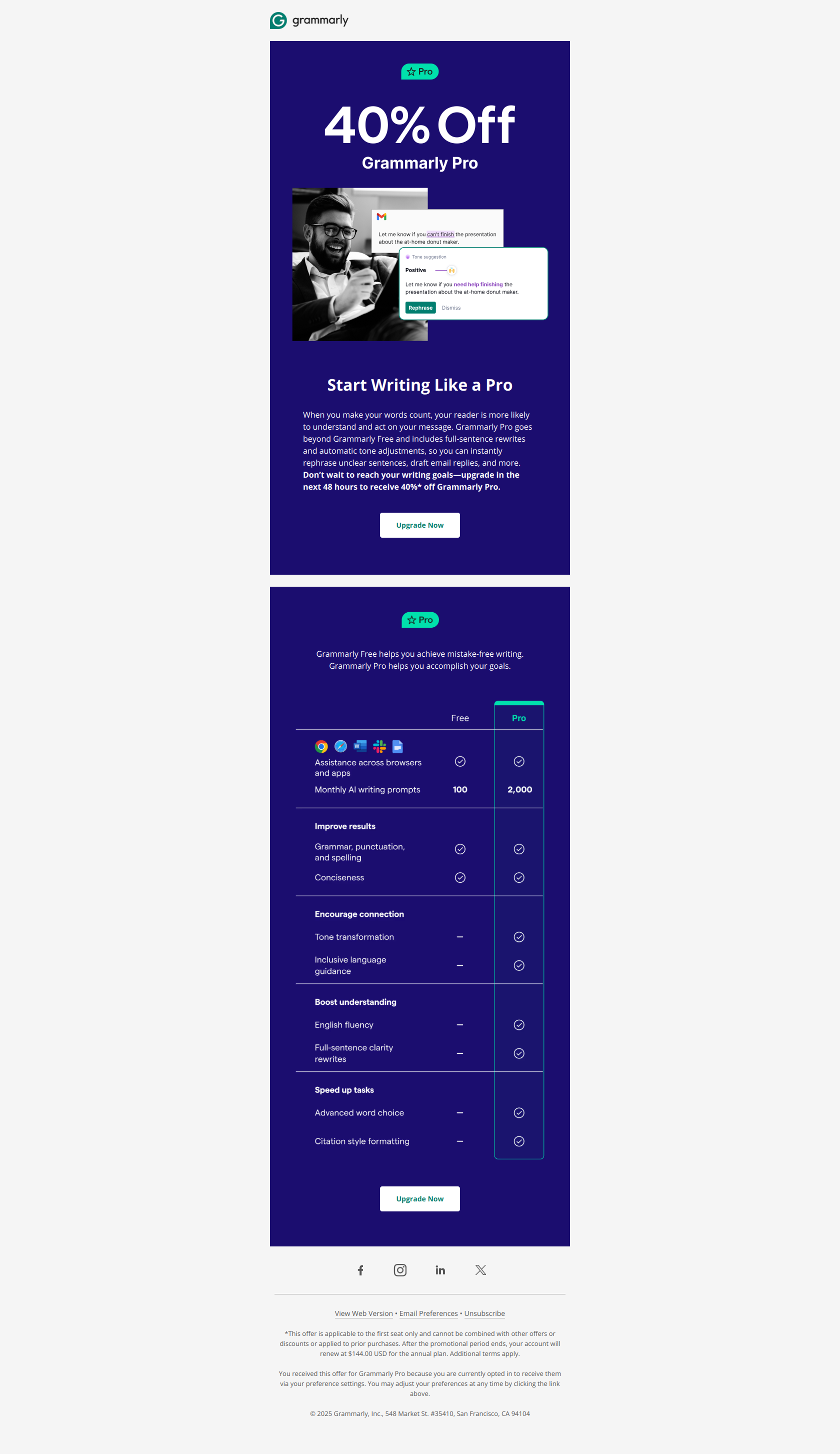 Jonathan, get Pro at a discount for only $7.20/month — email screenshot from Grammarly