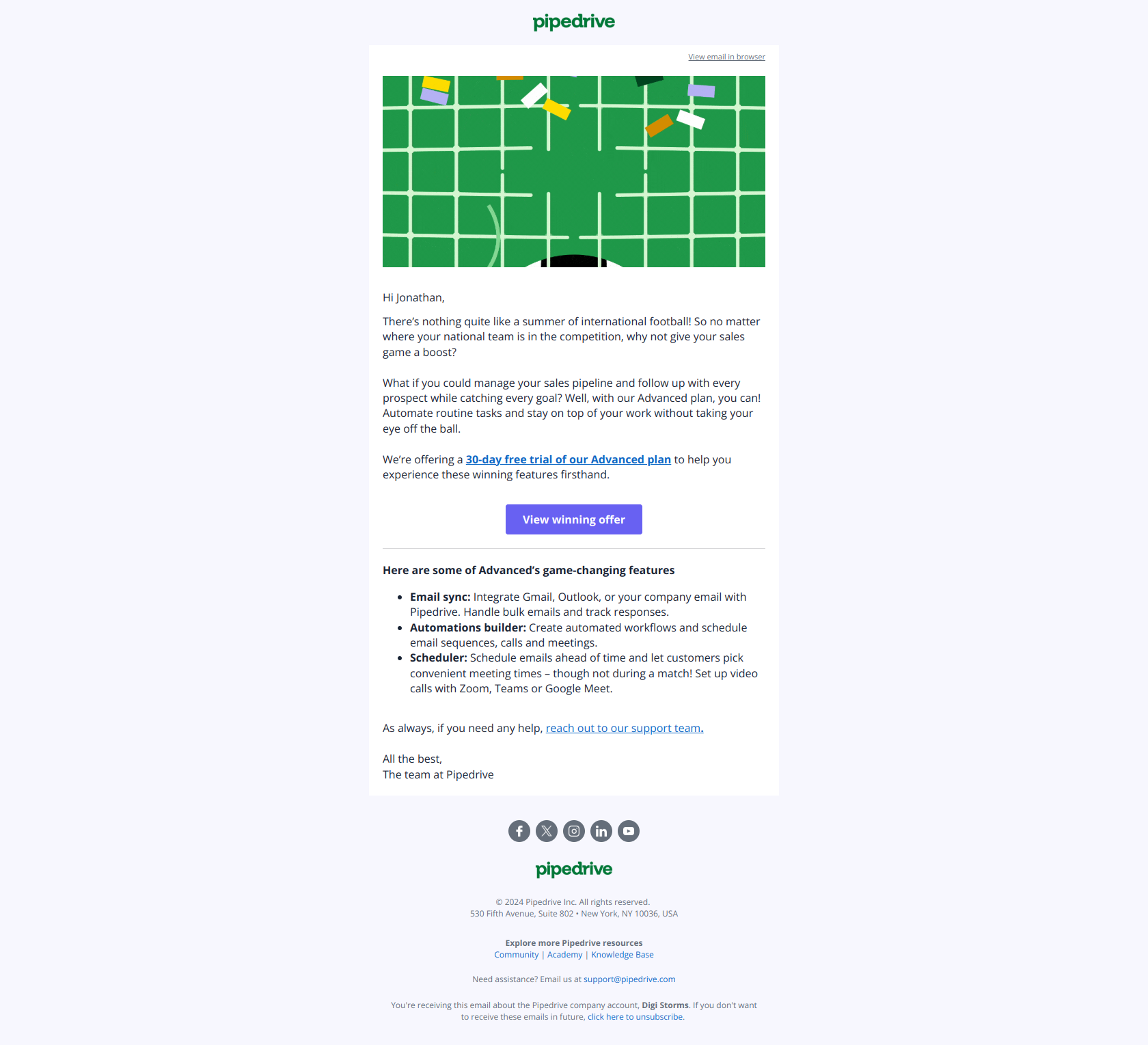 ⚽️ Take your game to the next level with Advanced — email screenshot from Pipedrive