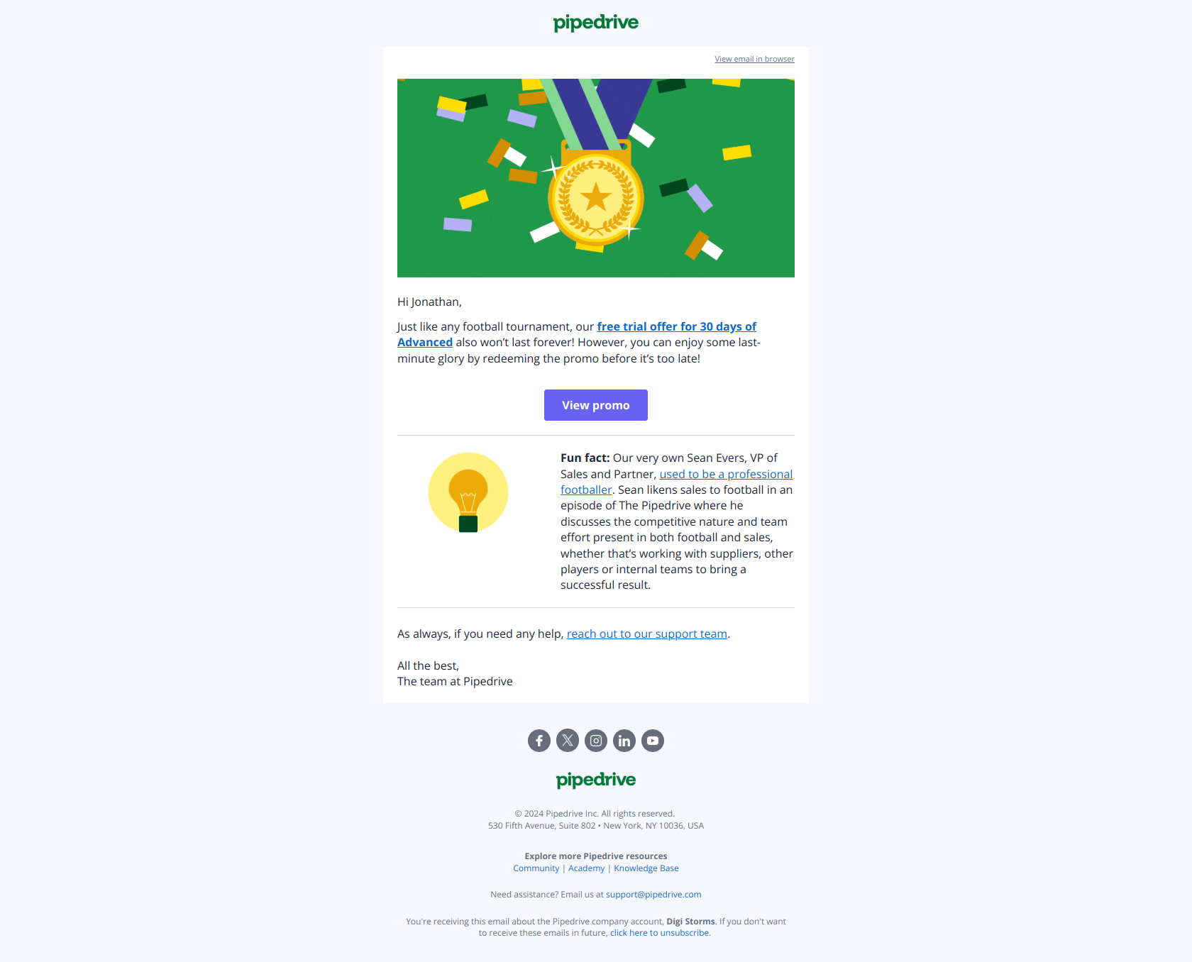 ⚽️ It’s not too late to claim your free trial of Advanced — email screenshot from Pipedrive