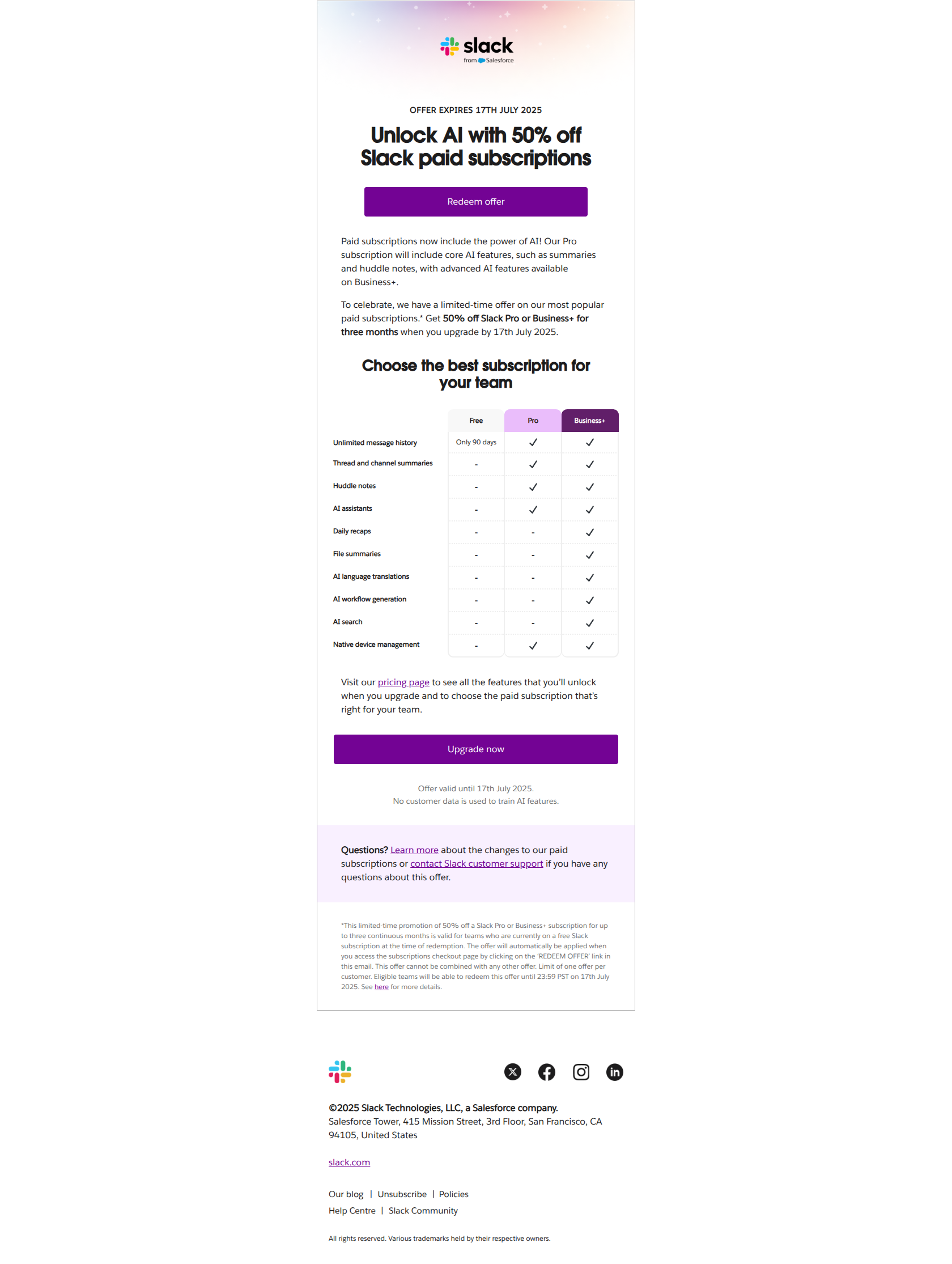 🎉 50% off paid subscriptions – now with AI notes and more — email screenshot from Slack