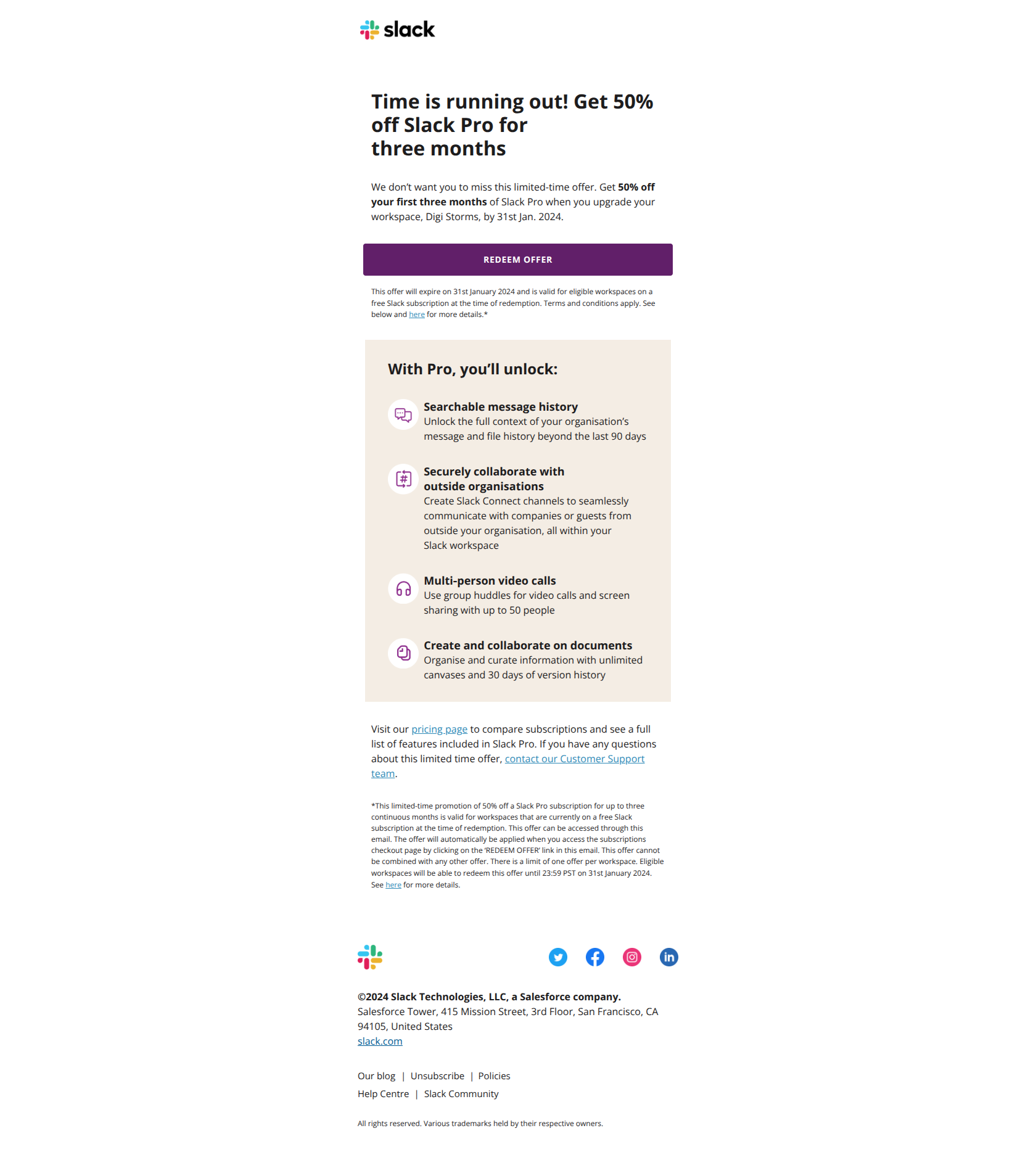 Don’t miss out! 50% off Slack Pro — email screenshot from Slack
