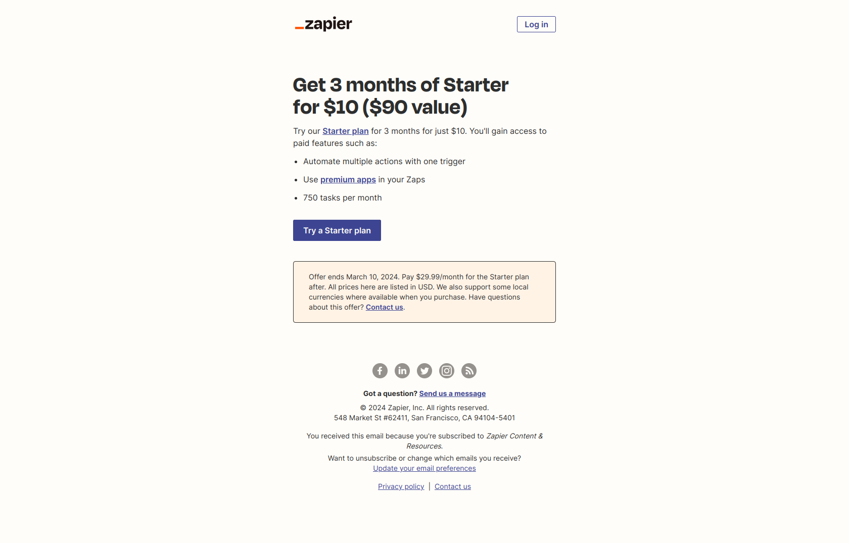 Marketing email example from Zapier