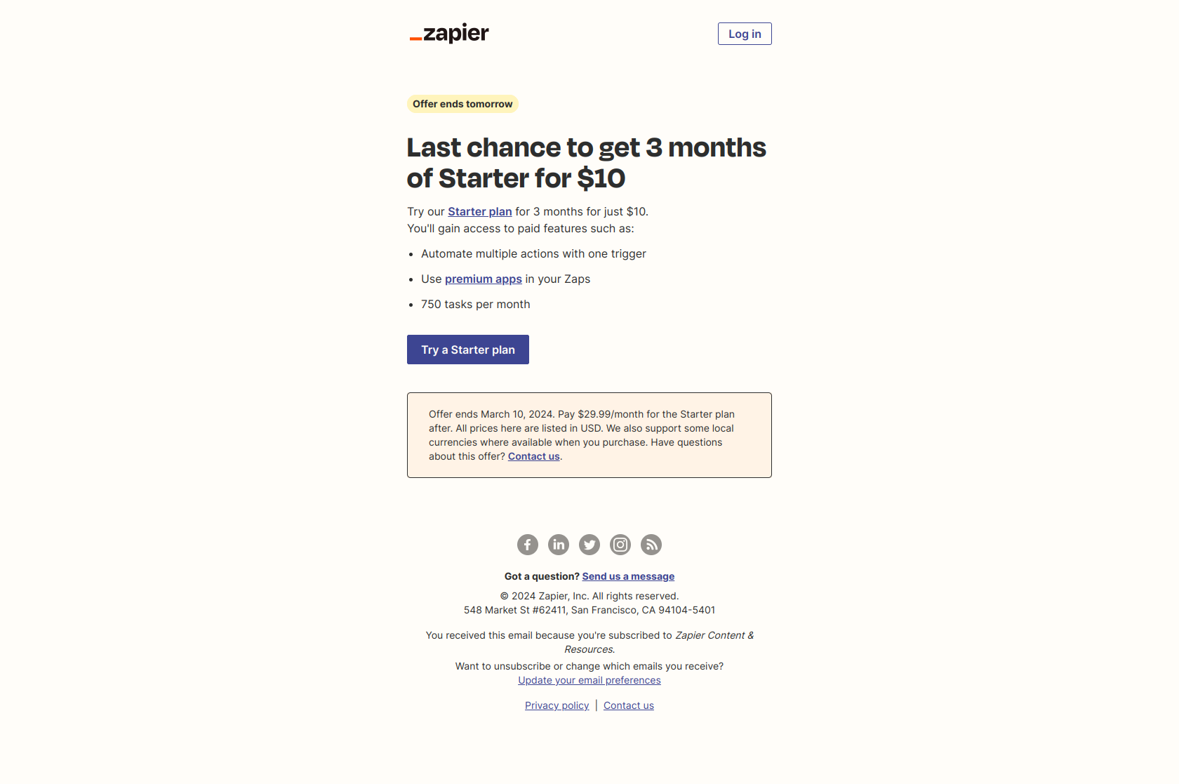 [Ends tomorrow] 3 months of Starter for $10 — email screenshot from Zapier