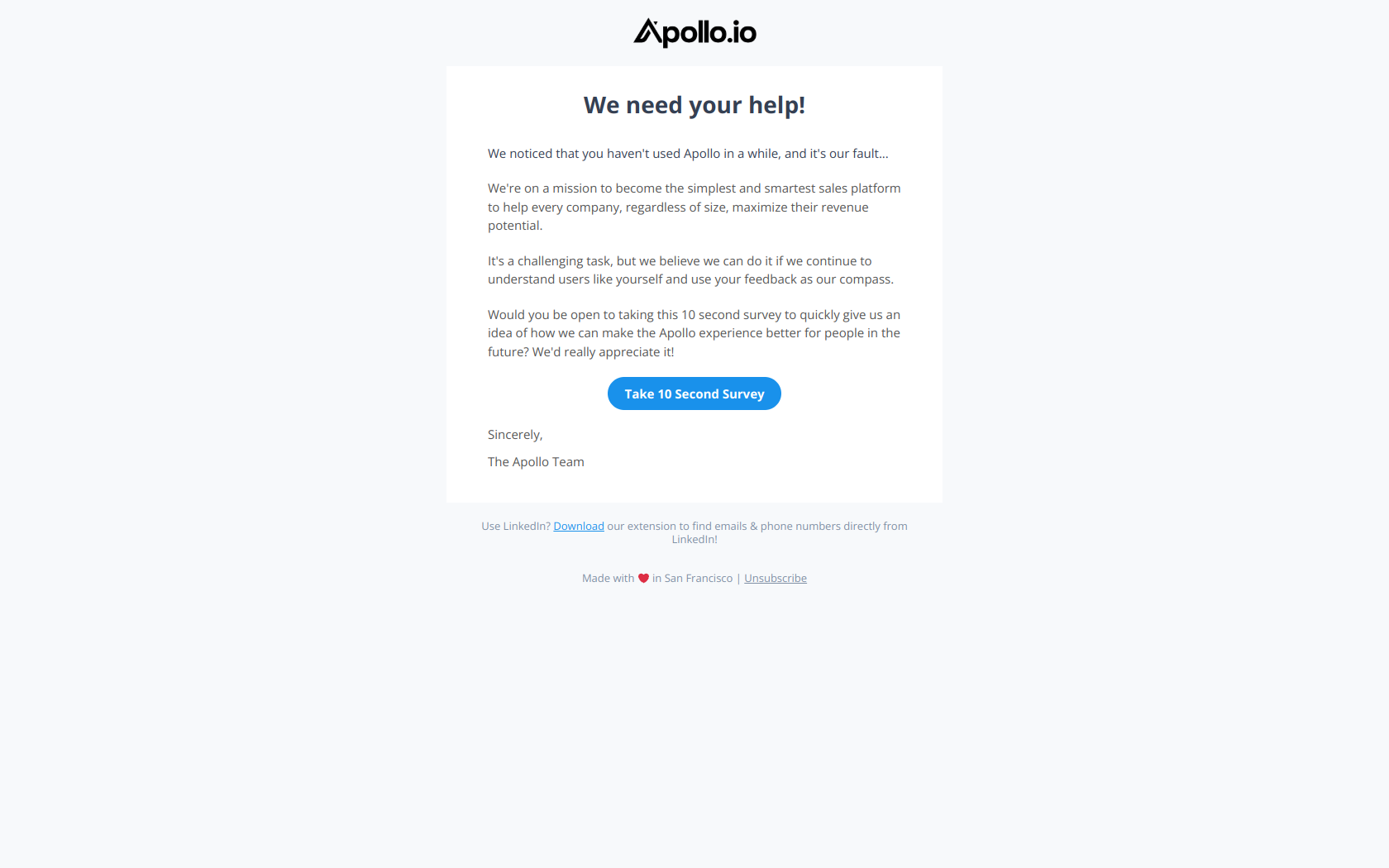 quick question — email screenshot from Apollo.io