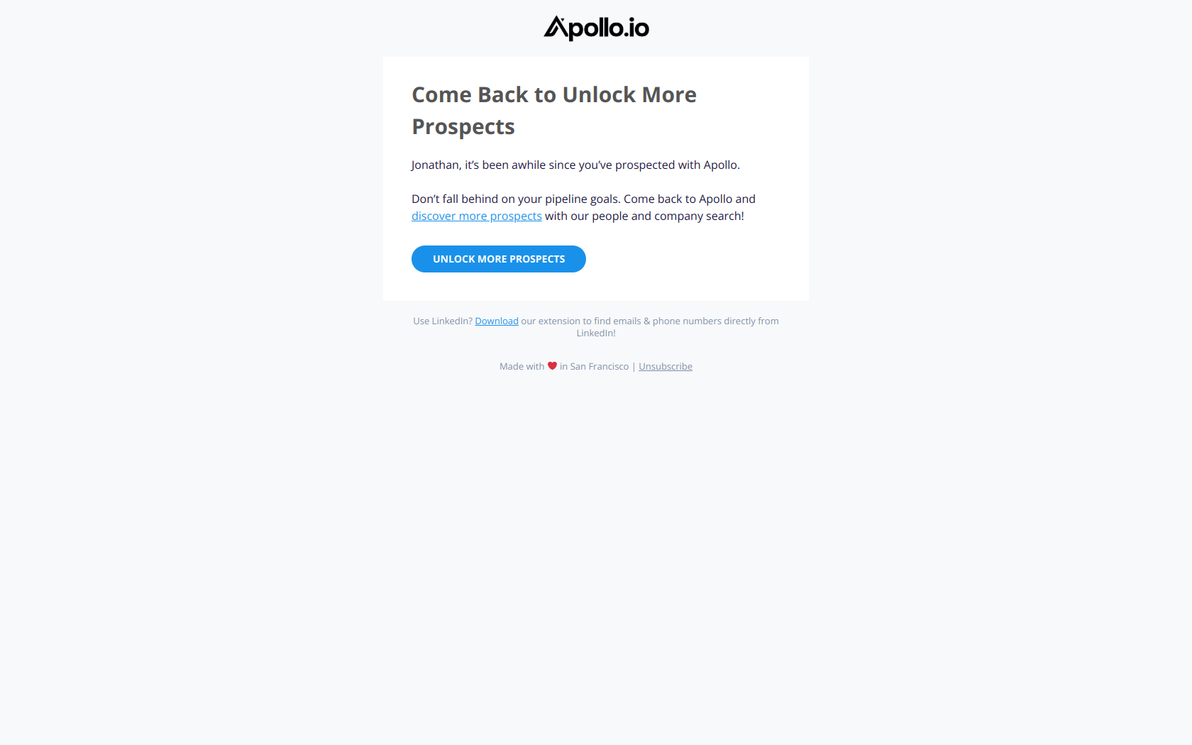 Jonathan, don't miss your quota! — email screenshot from Apollo.io