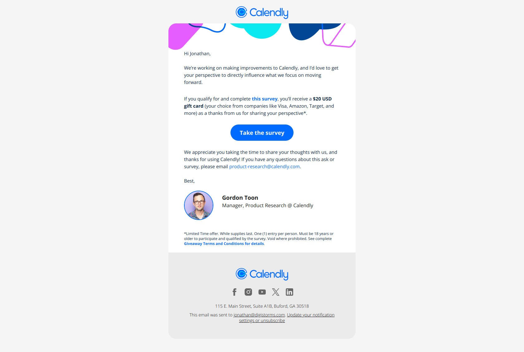 Help us improve Calendly with your feedback and receive a $20 gift card — email screenshot from Calendly