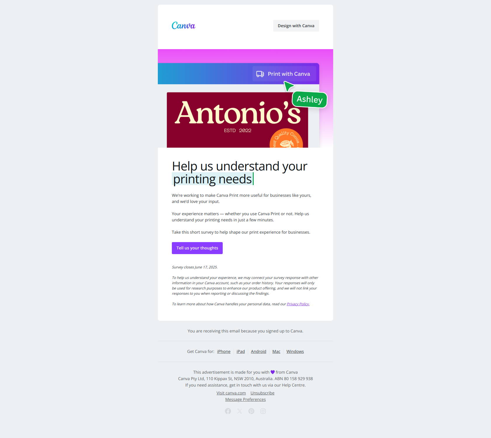 Never printed with Canva? We’d love your input 🖨️ — email screenshot from Canva