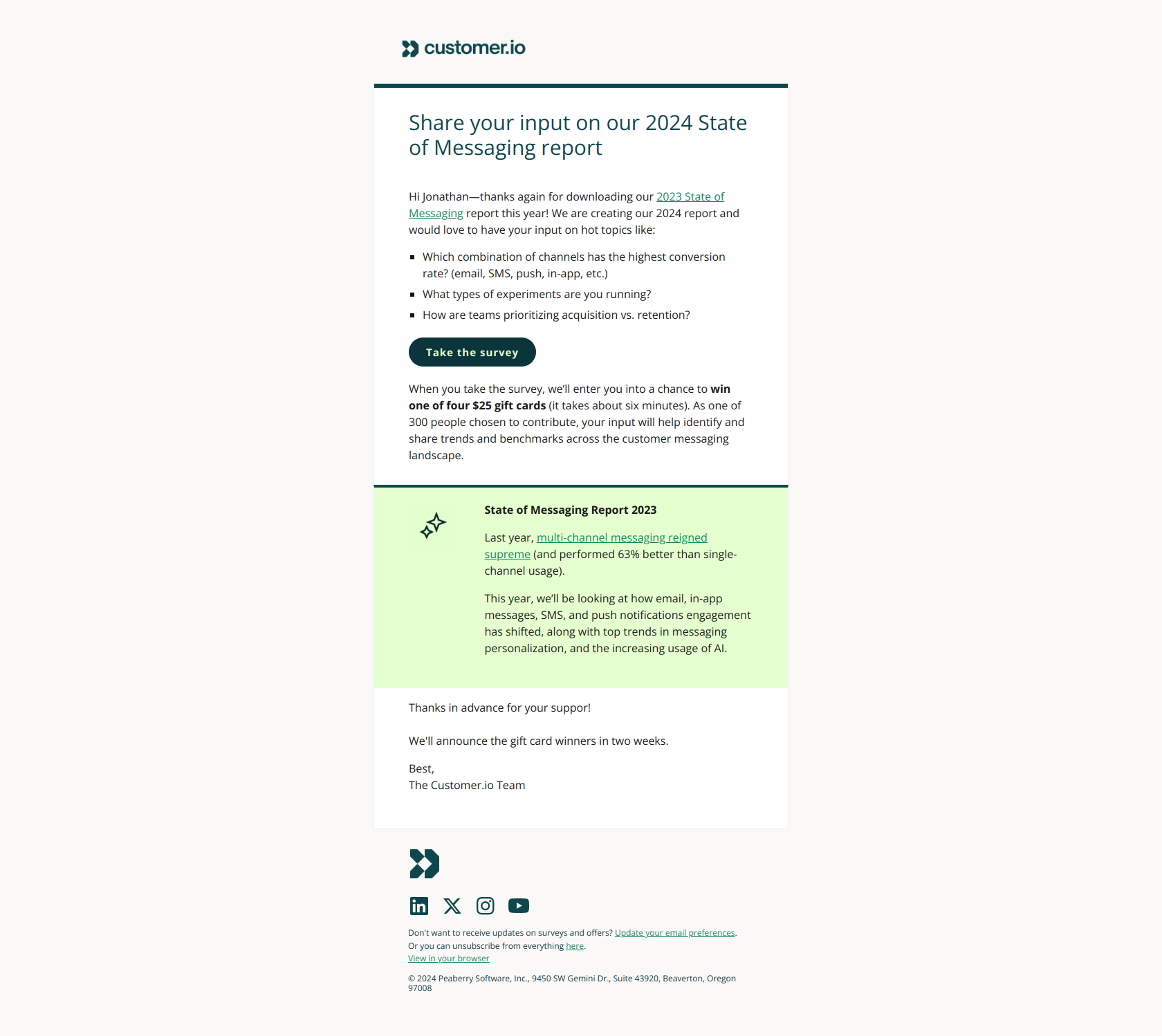 You're invited to contribute - 2024 State of Messaging — email screenshot from Customer.io