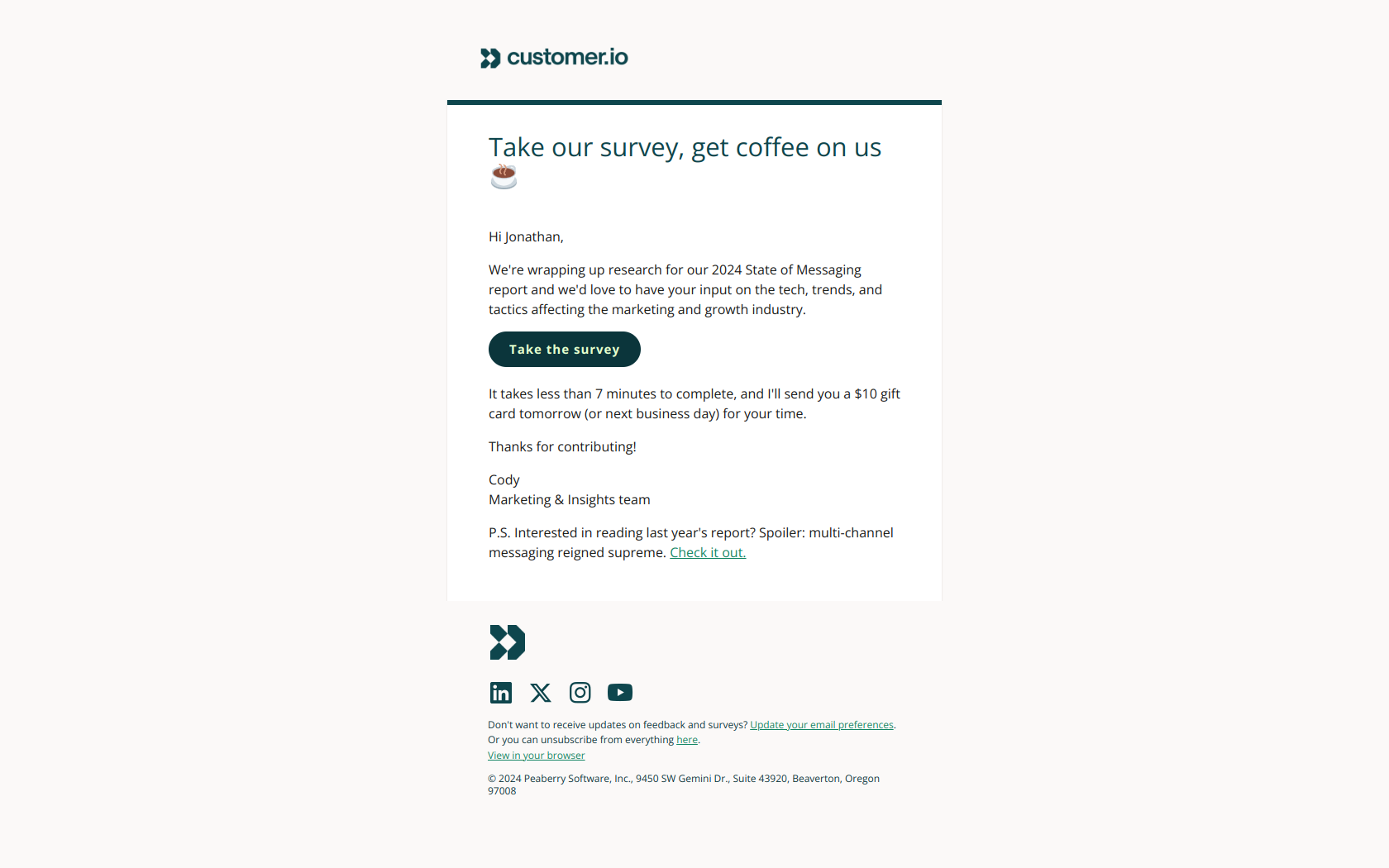 Last call — coffee for your thoughts? ☕️ — email screenshot from Customer.io