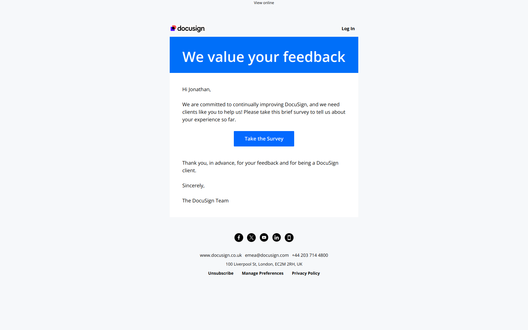 Tell us what you think about DocuSign so far — email screenshot from Docusign