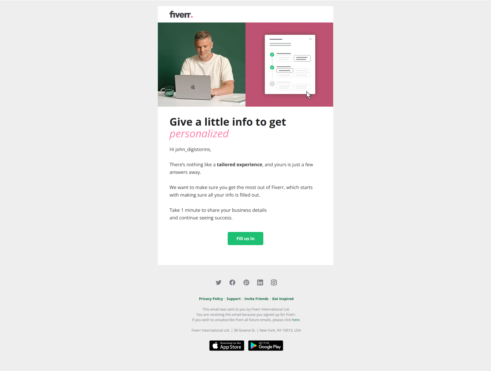 We’d like to get to know you better — email screenshot from Fiverr