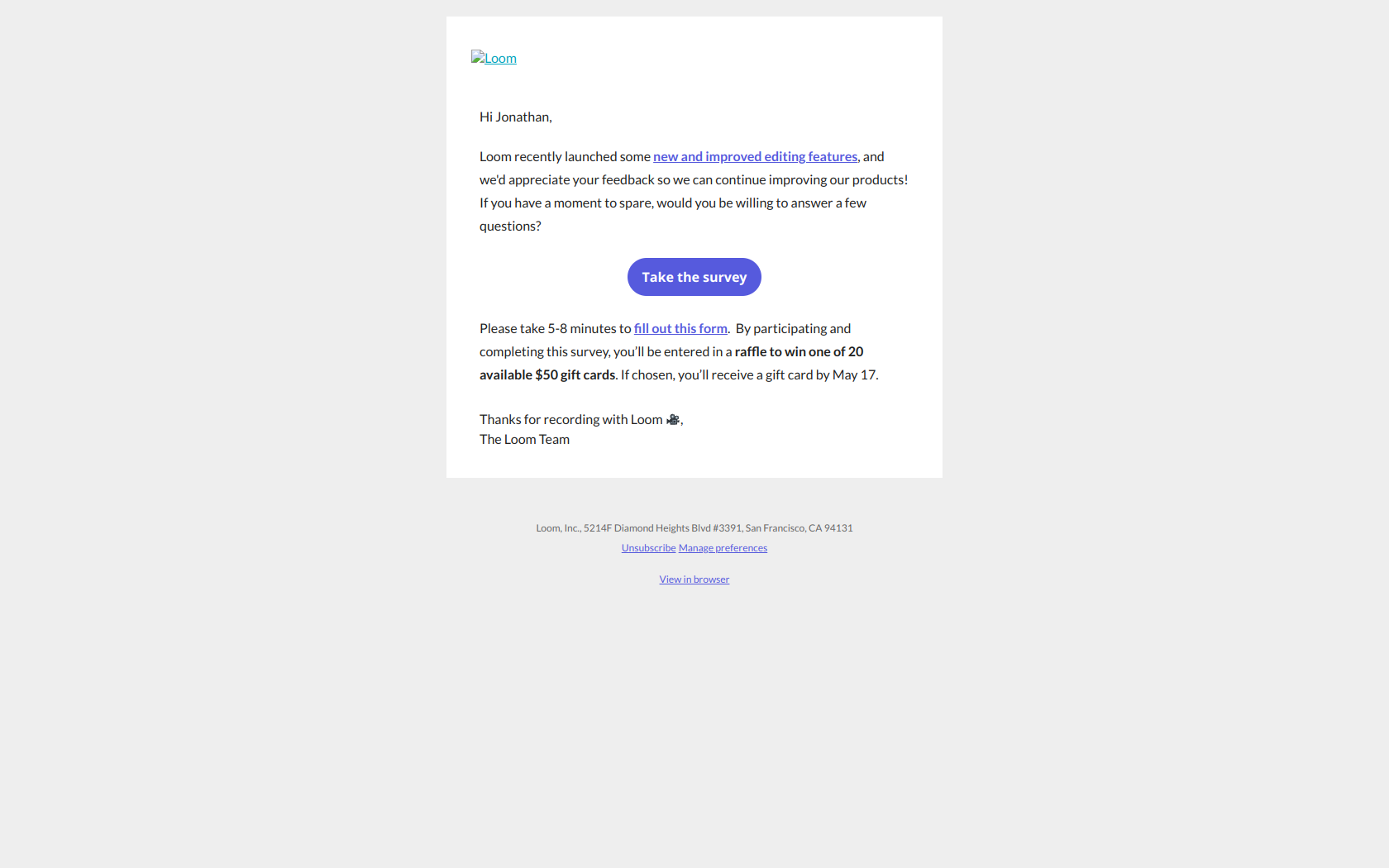 We want your feedback! — email screenshot from Loom