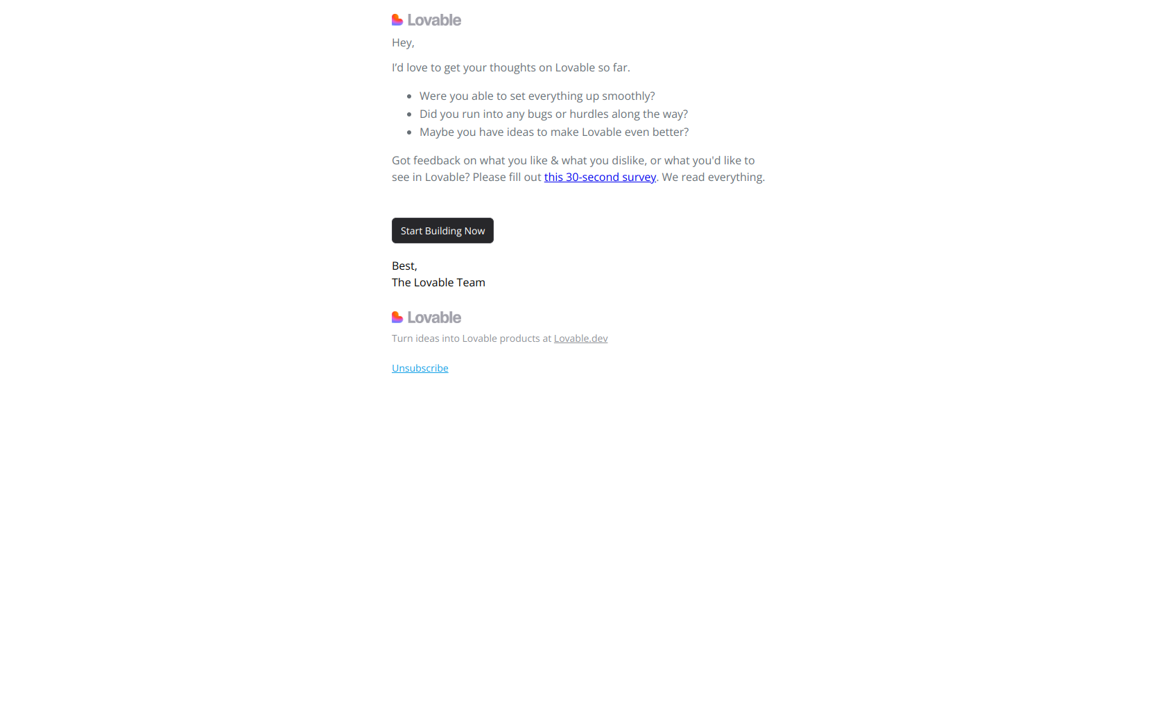 We want to meet your expectations - tell us how! — email screenshot from Lovable