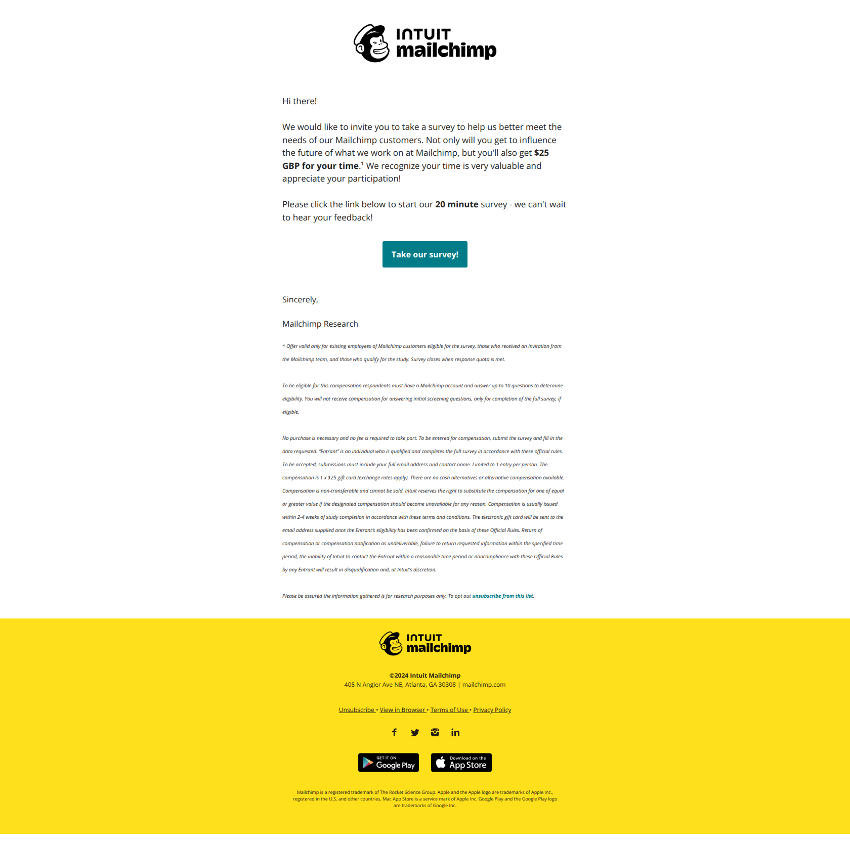 👋 Mailchimp Survey: Earn $25 by sharing your thoughts! — email screenshot from MailChimp