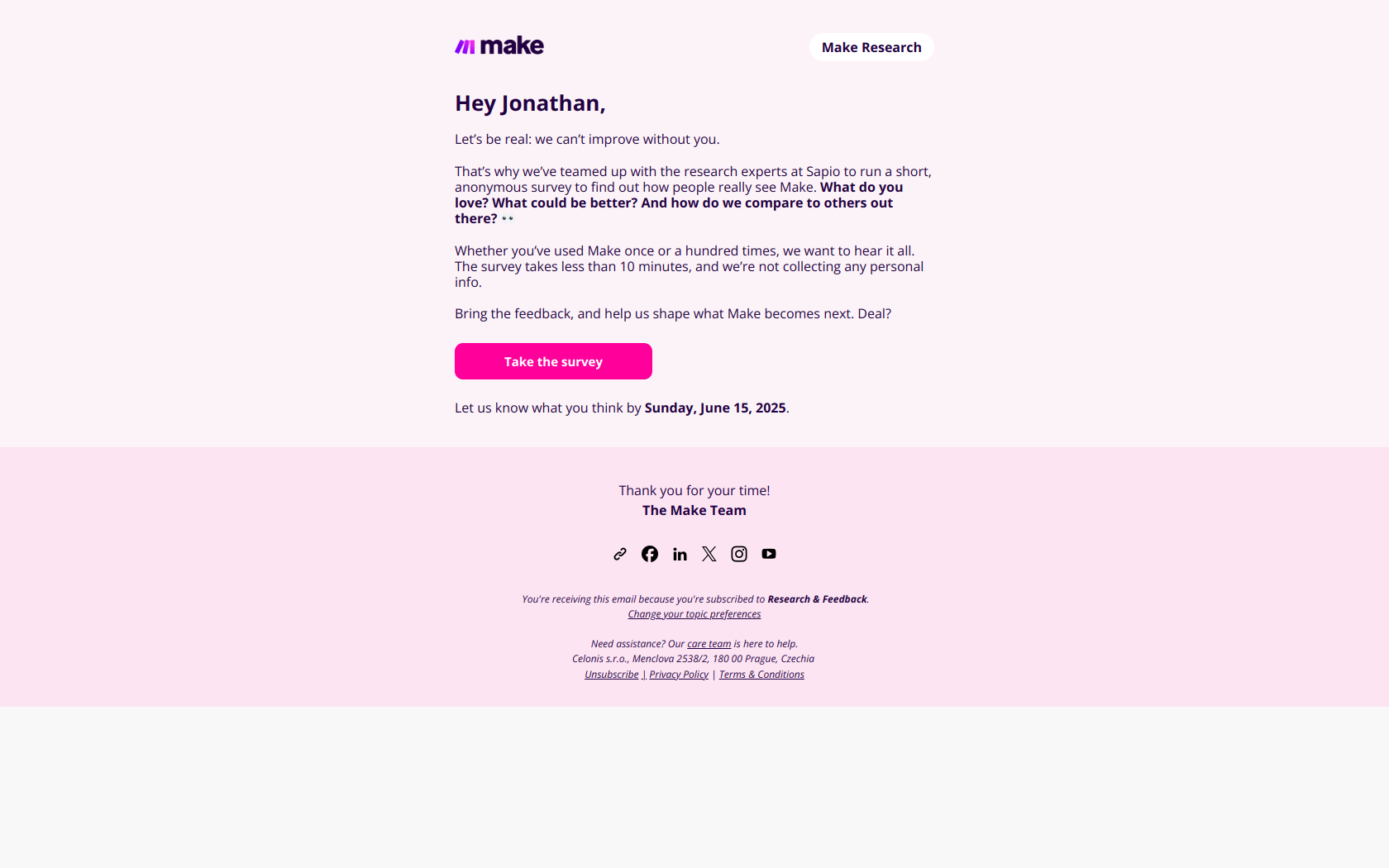 📣 Can we ask you something about Make, Jonathan? 💬 — email screenshot from Make