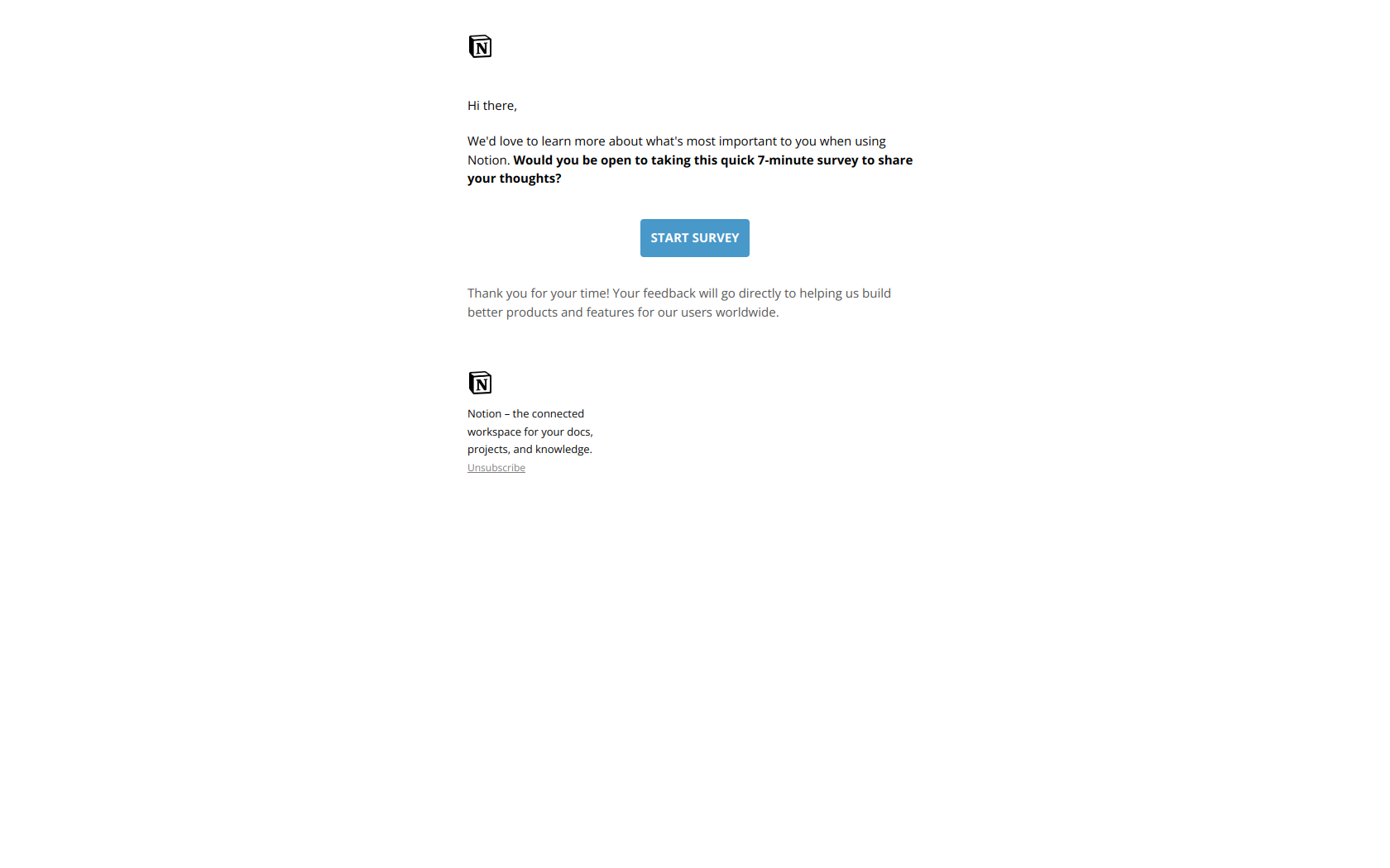 Share your thoughts with the Notion Research Team — email screenshot from Notion